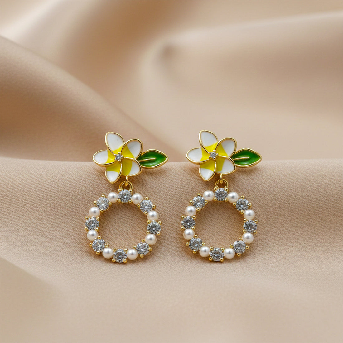 Bloom & Cubic Zirconia Hoop Dangle Ear Studs GWE -133
