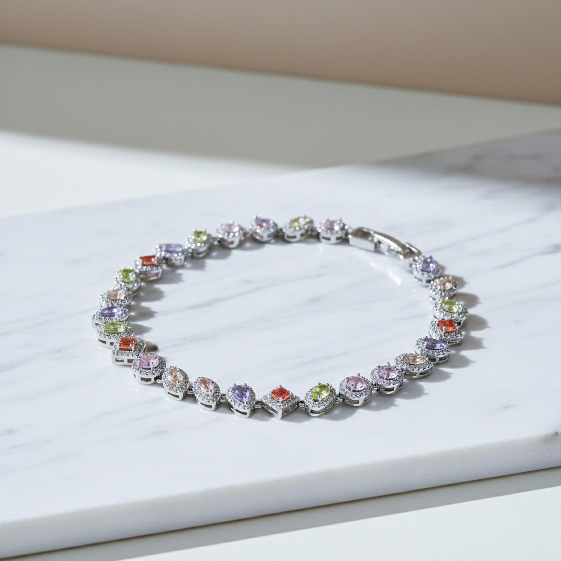 Silver Pastel Multicolor Halo Tennis Bracelet for women - Finora Jewels