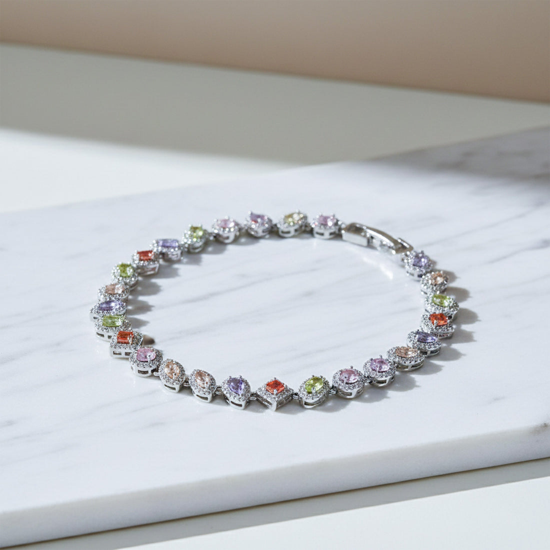 Silver Pastel Multicolor Halo Tennis Bracelet for women - Finora Jewels