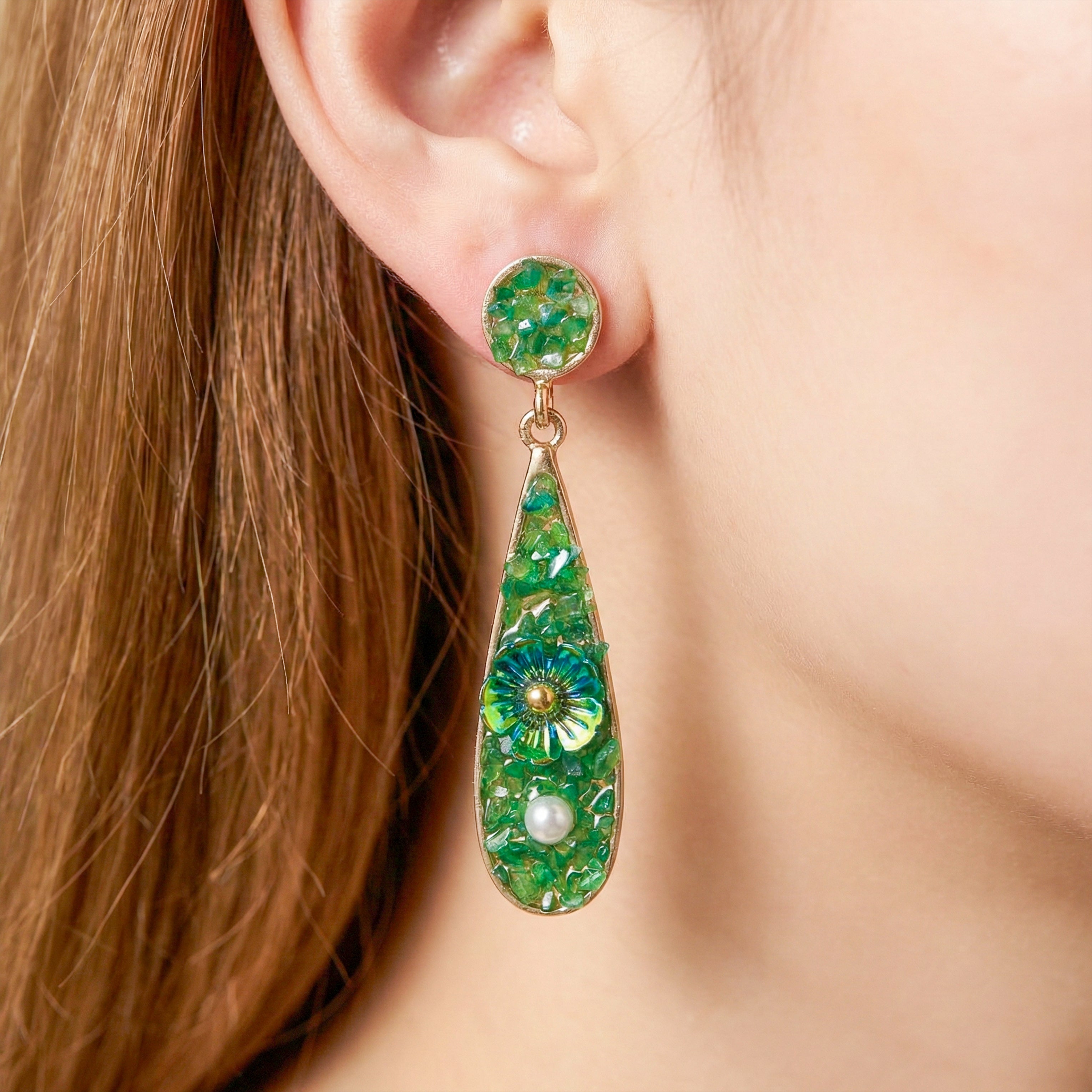 Women Drop Earrings Green Stone Floral Gold jewellery - Finora Jewels