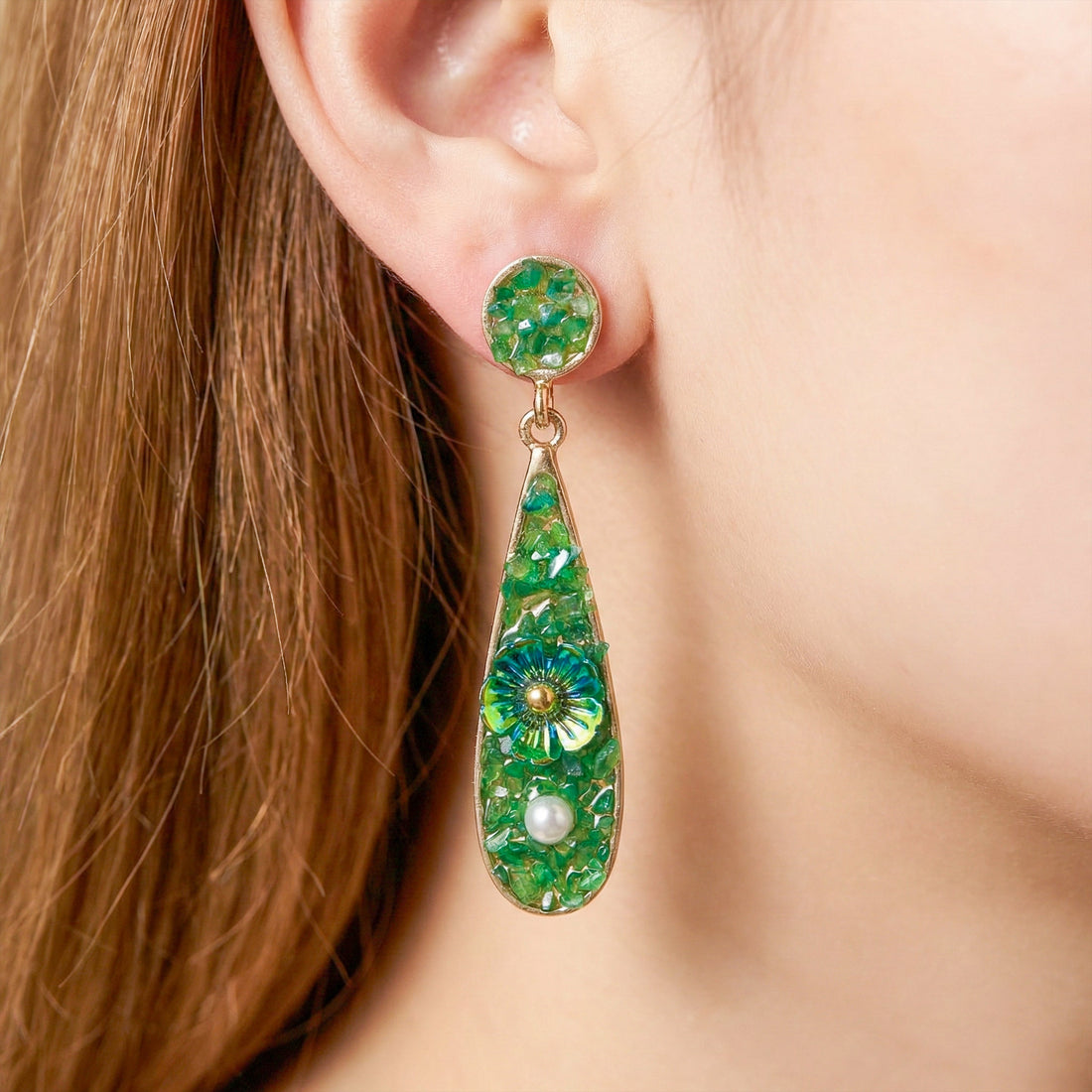 Women Drop Earrings Green Stone Floral Gold jewellery - Finora Jewels