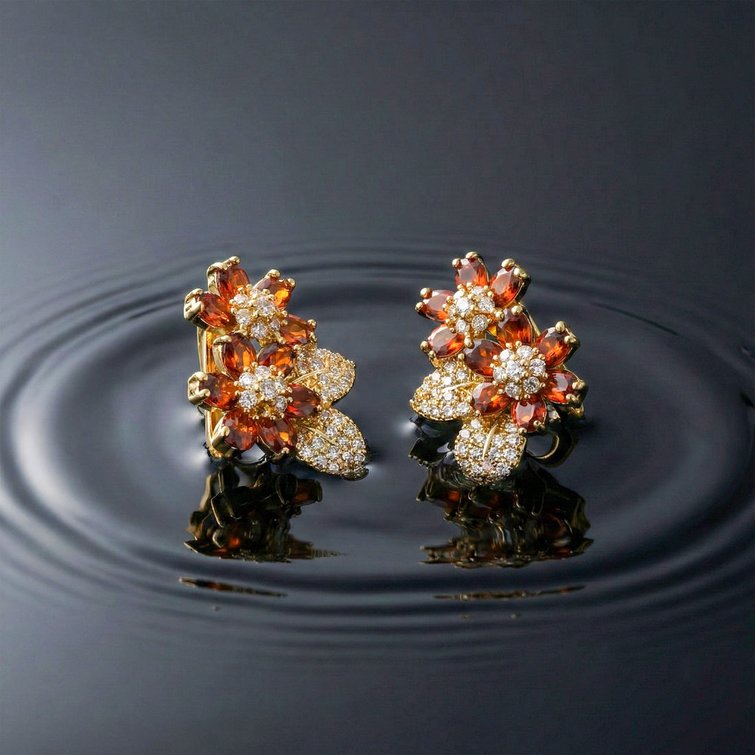 Gold Red Floral Crystal Stud Earrings for women - Finora Jewels