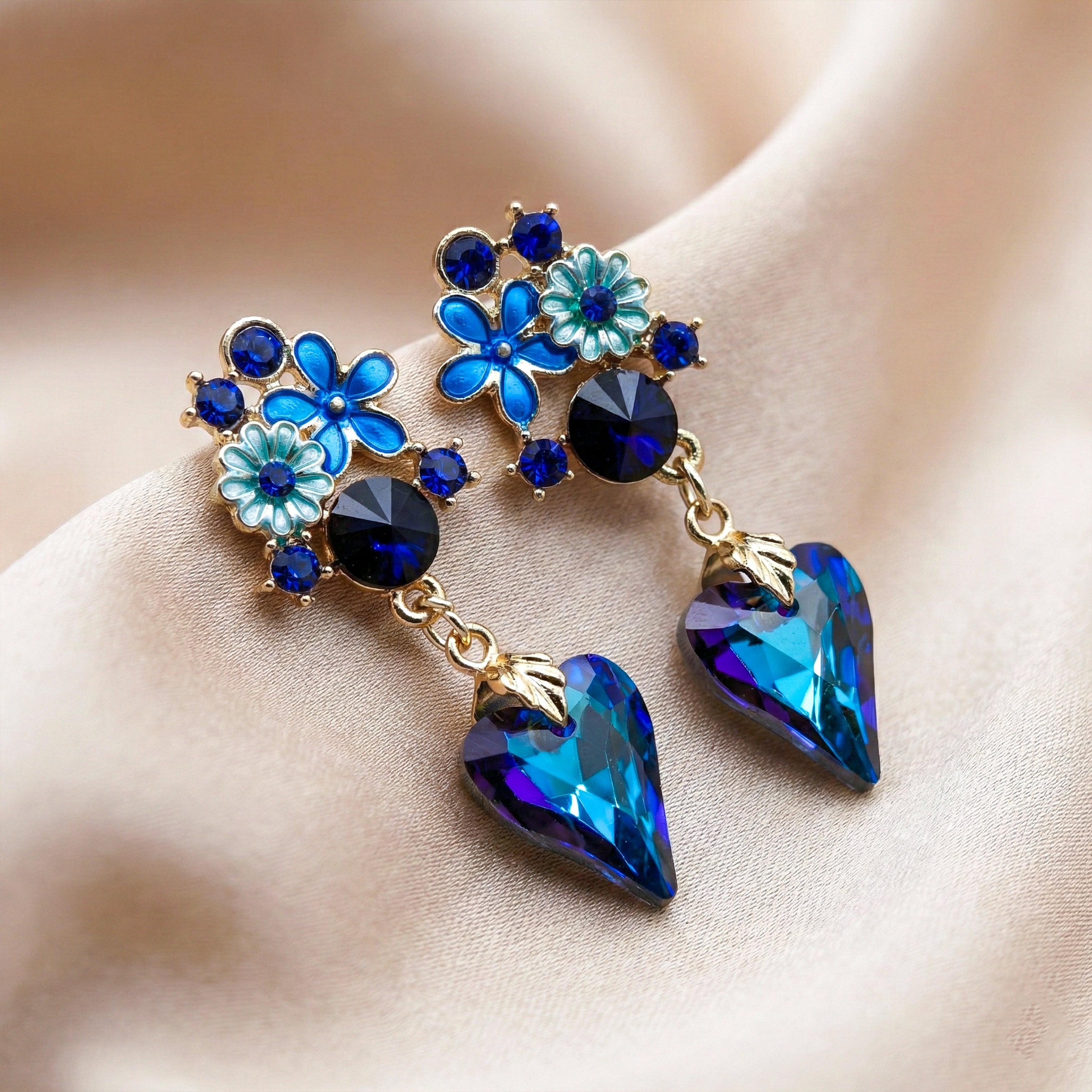 Gold Blue Floral Heart Drop Stud Earrings for women - Finora Jewels