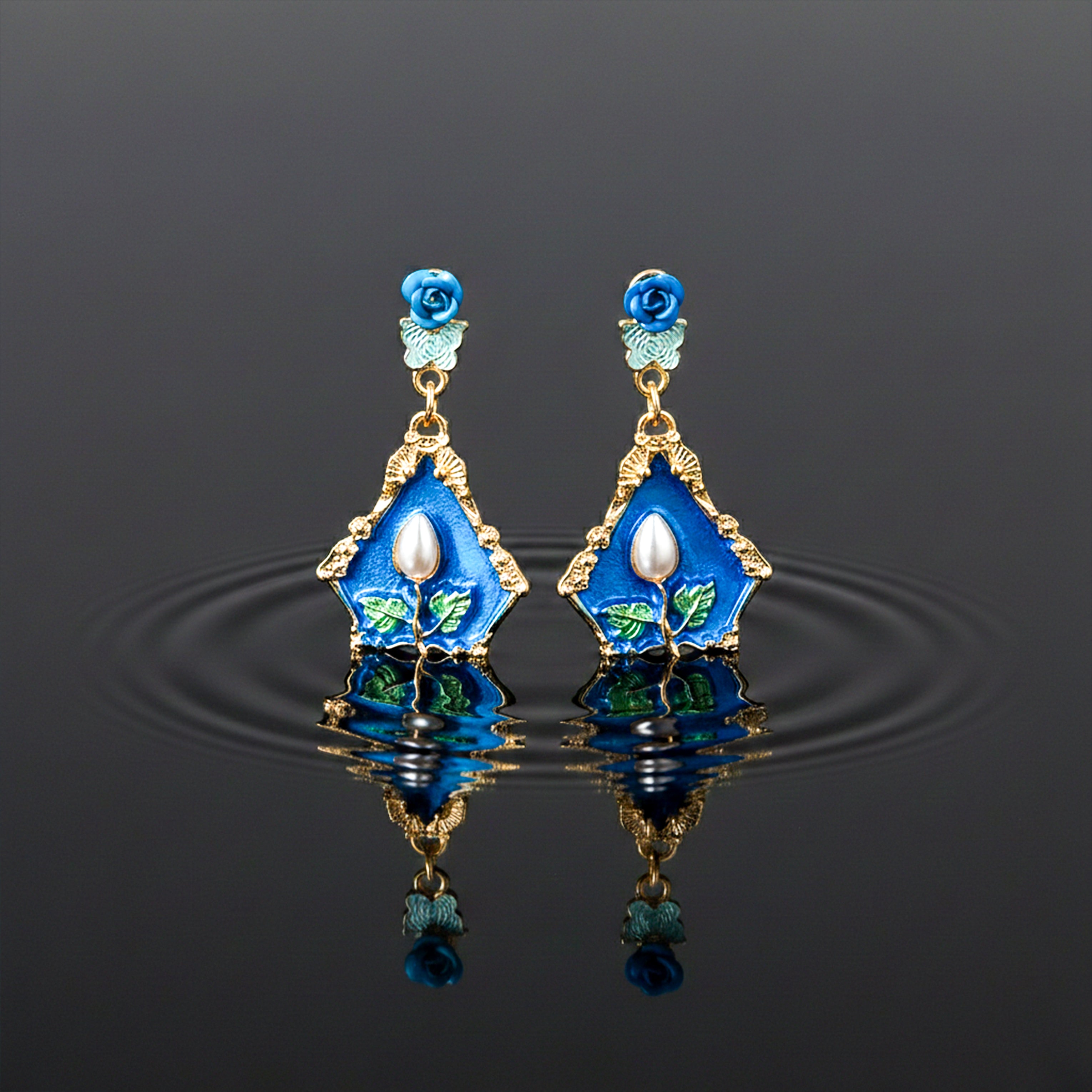 Women Drop Earrings Royal Blue Floral Gold jewellery - Finora Jewels