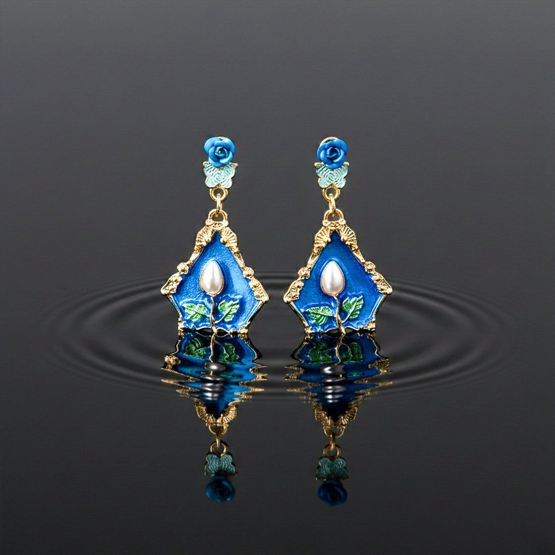 Women Drop Earrings Royal Blue Floral Gold jewellery - Finora Jewels