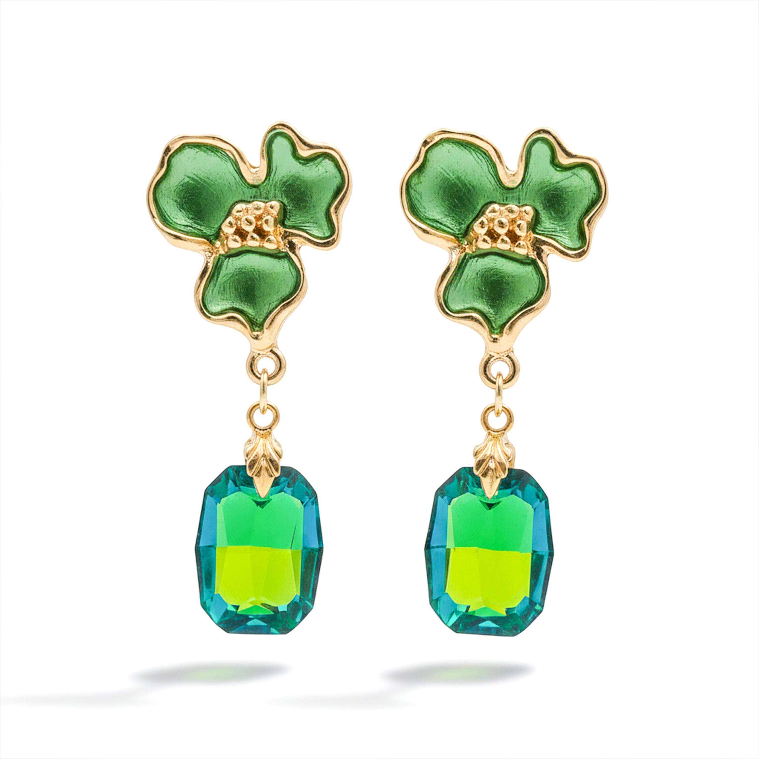 Gold Green Enamel Floral Drop Drop Earrings for women - Finora Jewels