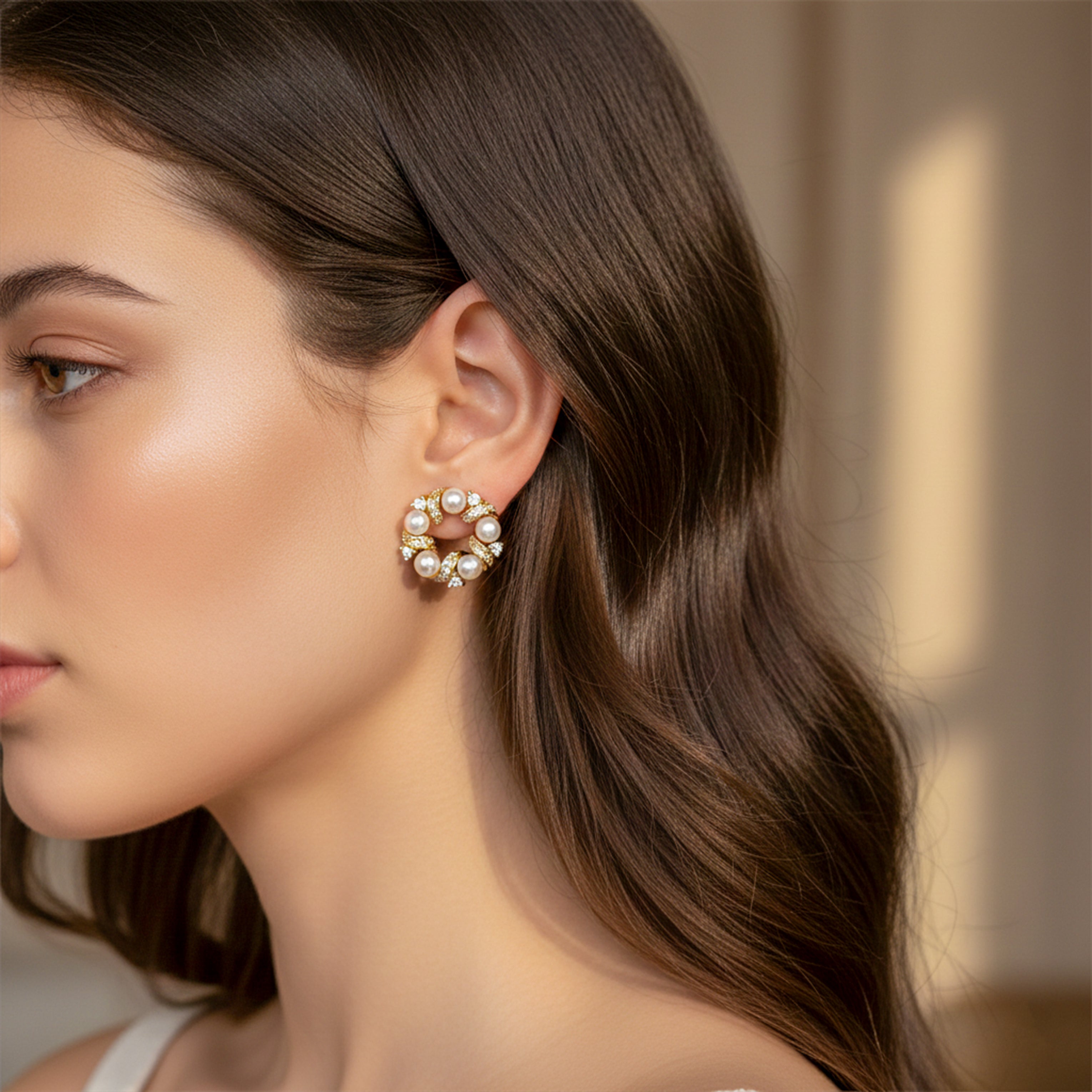 Women Stud Earrings Pearl & Crystal Circle Stud Gold jewellery - Finora Jewels