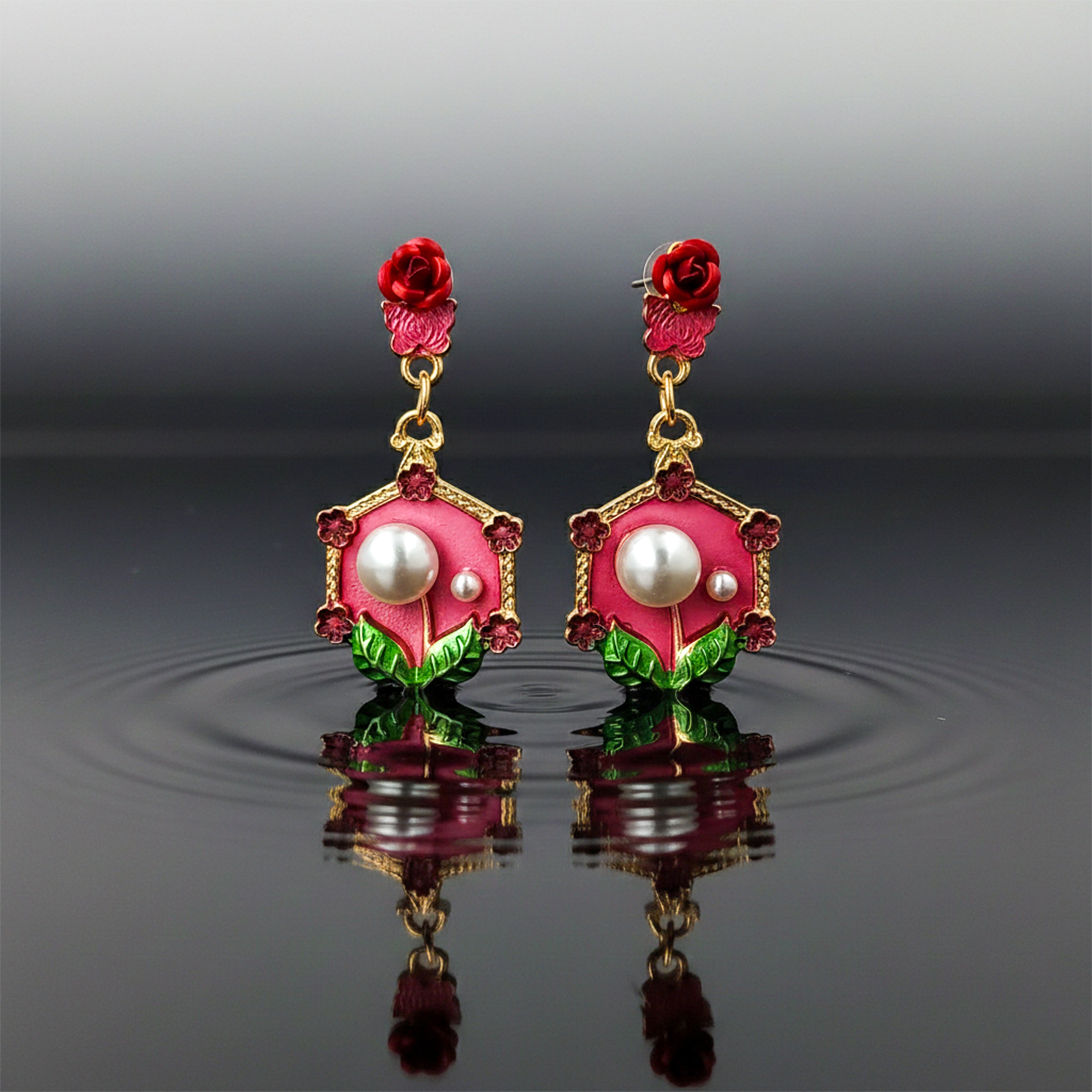 Women Stud Earrings Red Floral Pearl Gold jewellery - Finora Jewels