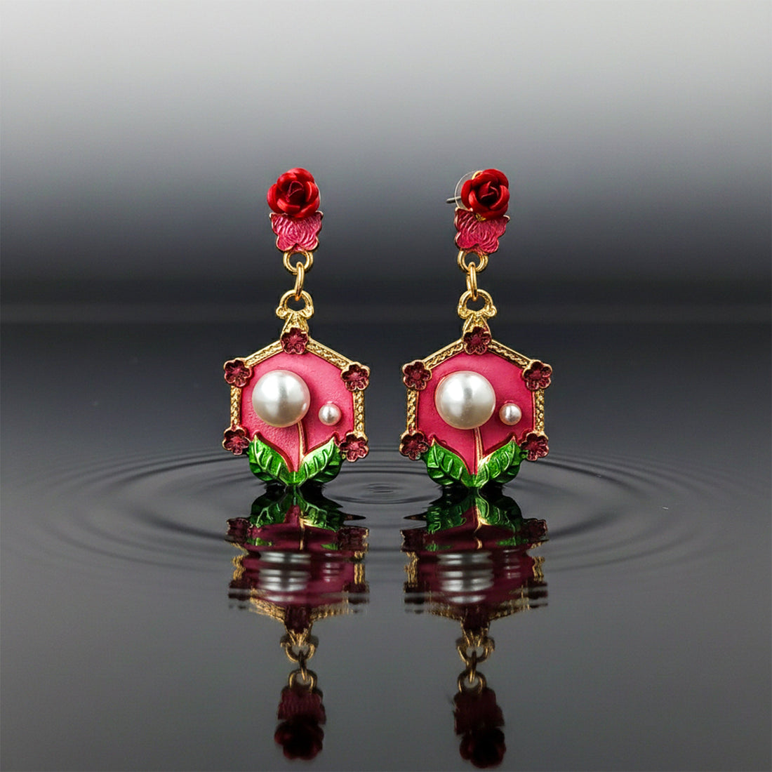 Women Stud Earrings Red Floral Pearl Gold jewellery - Finora Jewels
