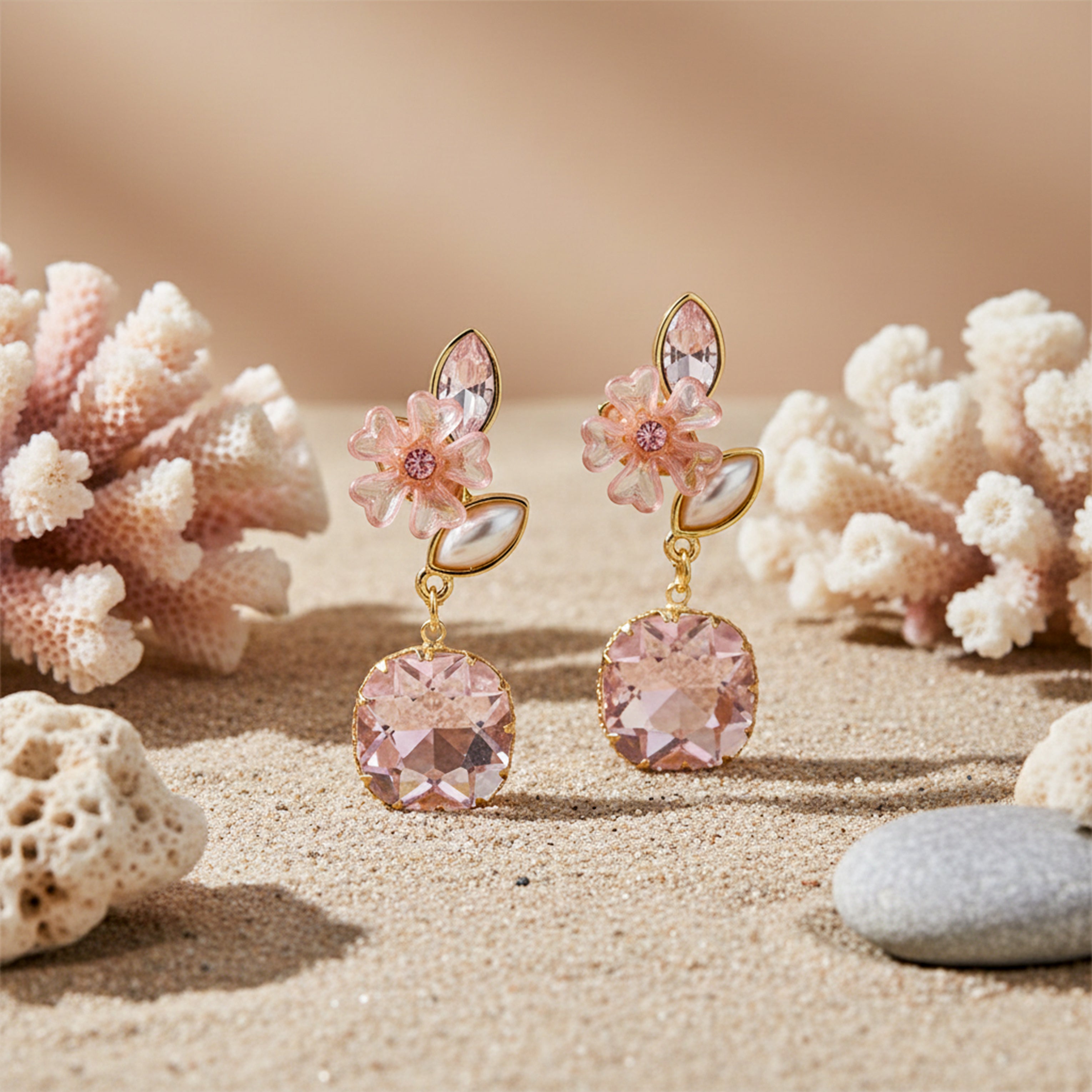 Blush Floral Crystal Drop Earrings for women in Gold - Finora Jewels