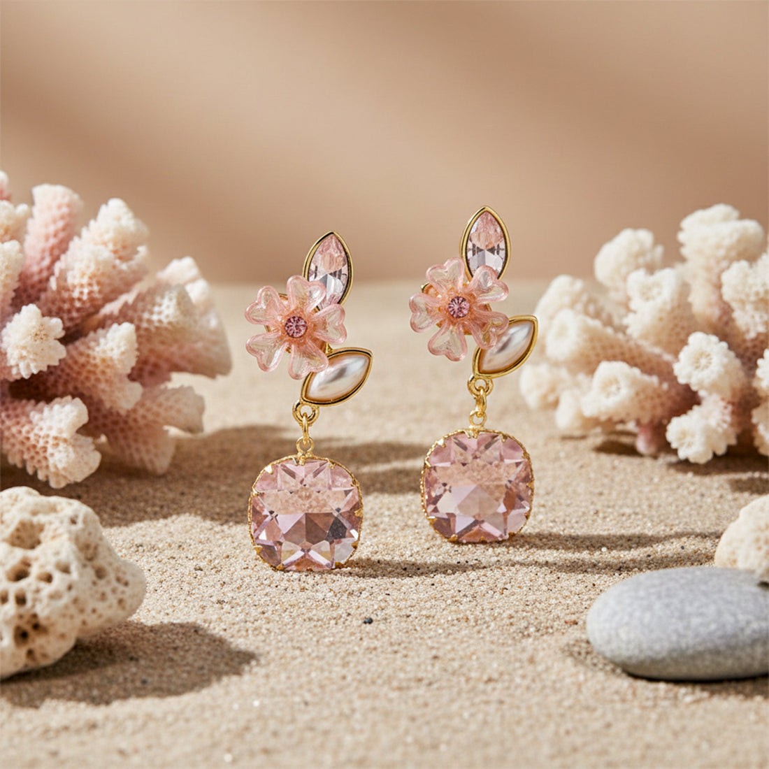 Blush Floral Crystal Drop Earrings for women in Gold - Finora Jewels