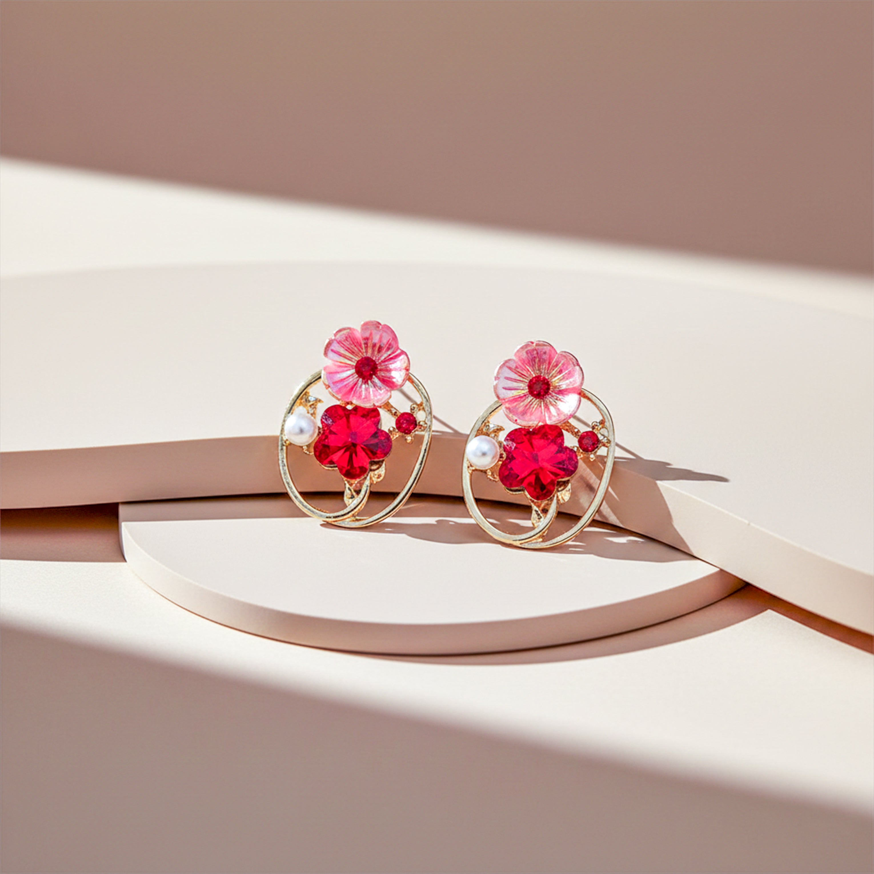 Gold Red Floral Crystal Stud Earrings for women - Finora Jewels