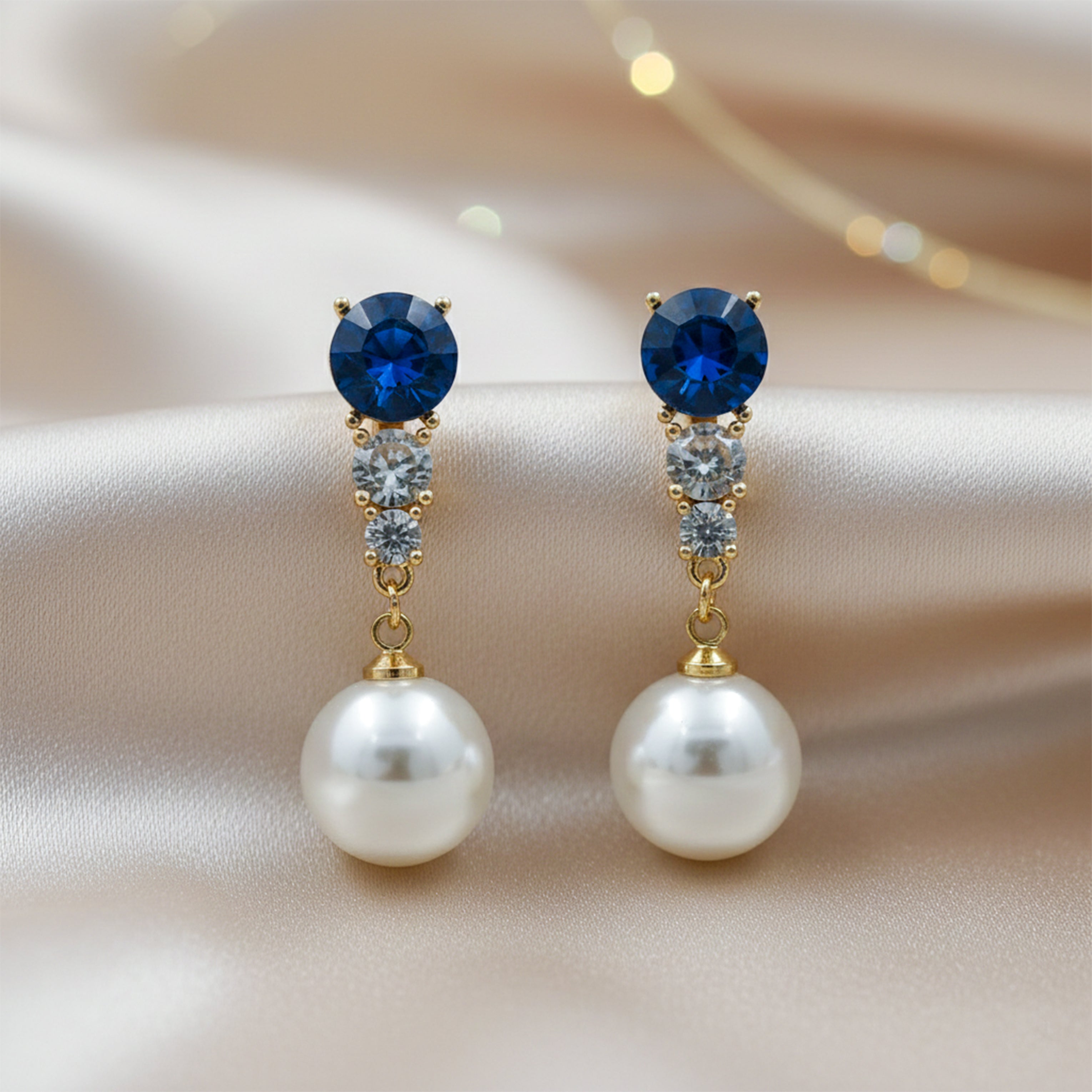 Blue Crystal & Pearl Drop Stud Earrings for women in Gold - Finora Jewels