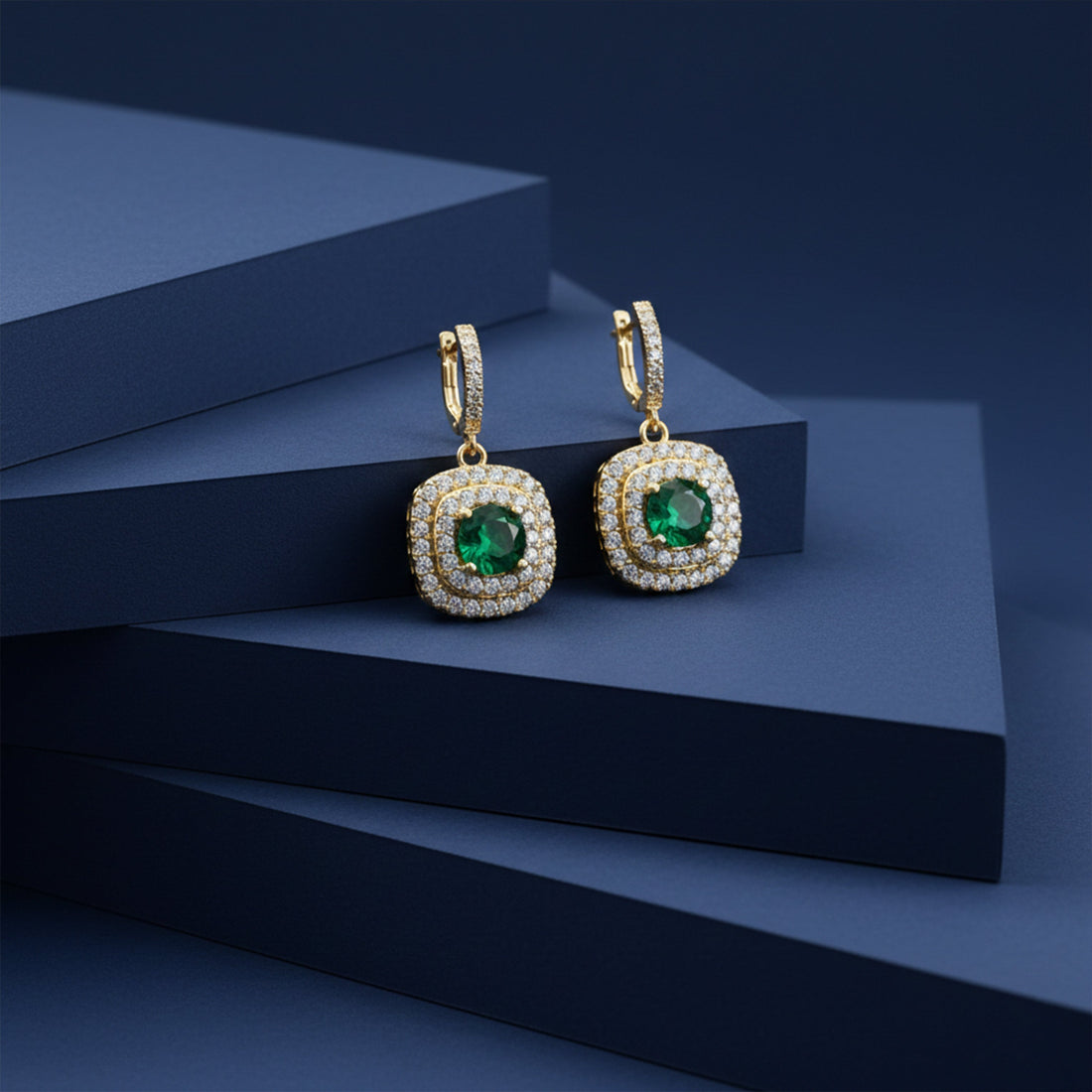 Verde Jade Cubic Zirconia Dangle Ear Studs GWE -134