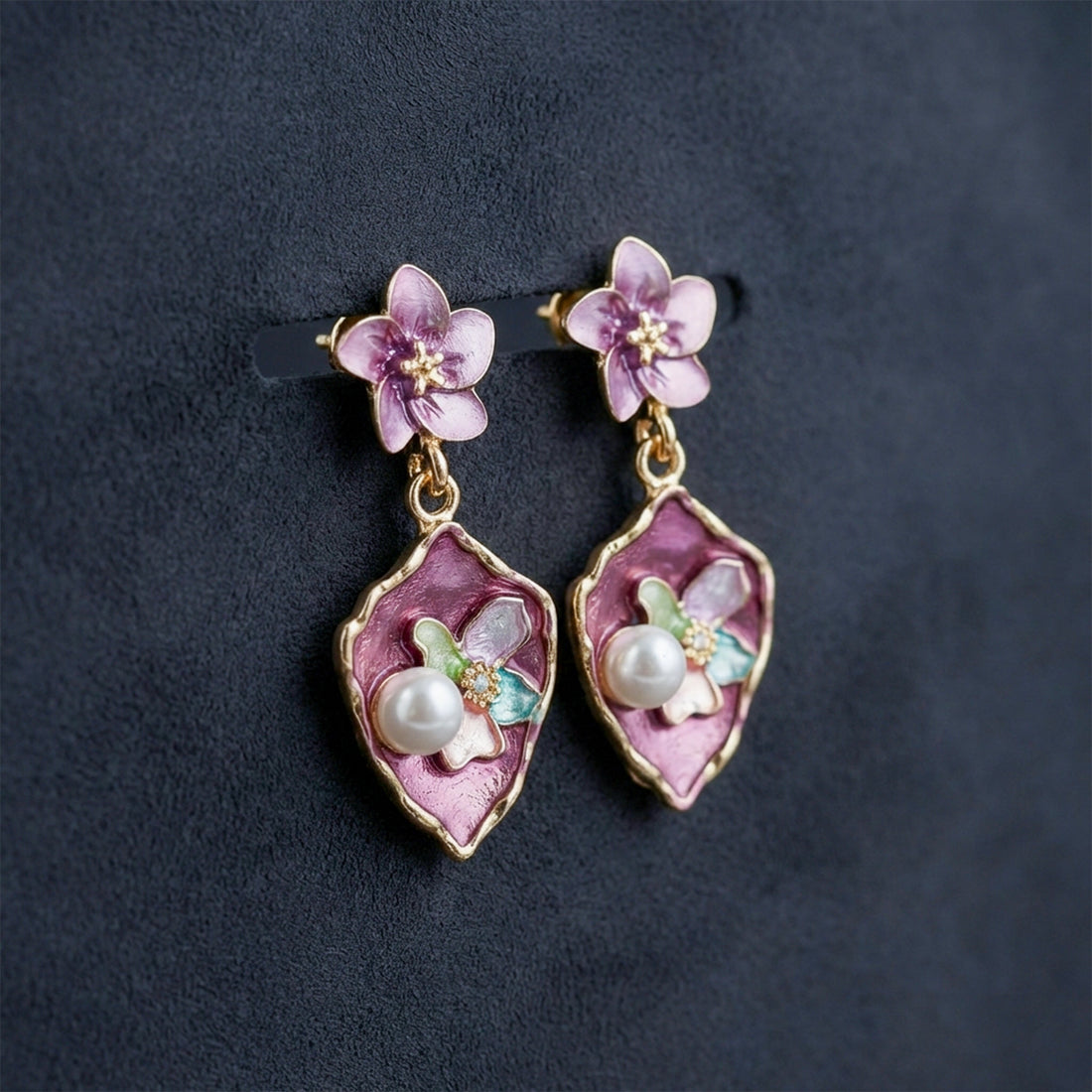 Gold Purple Floral Stud Earrings for women - Finora Jewels