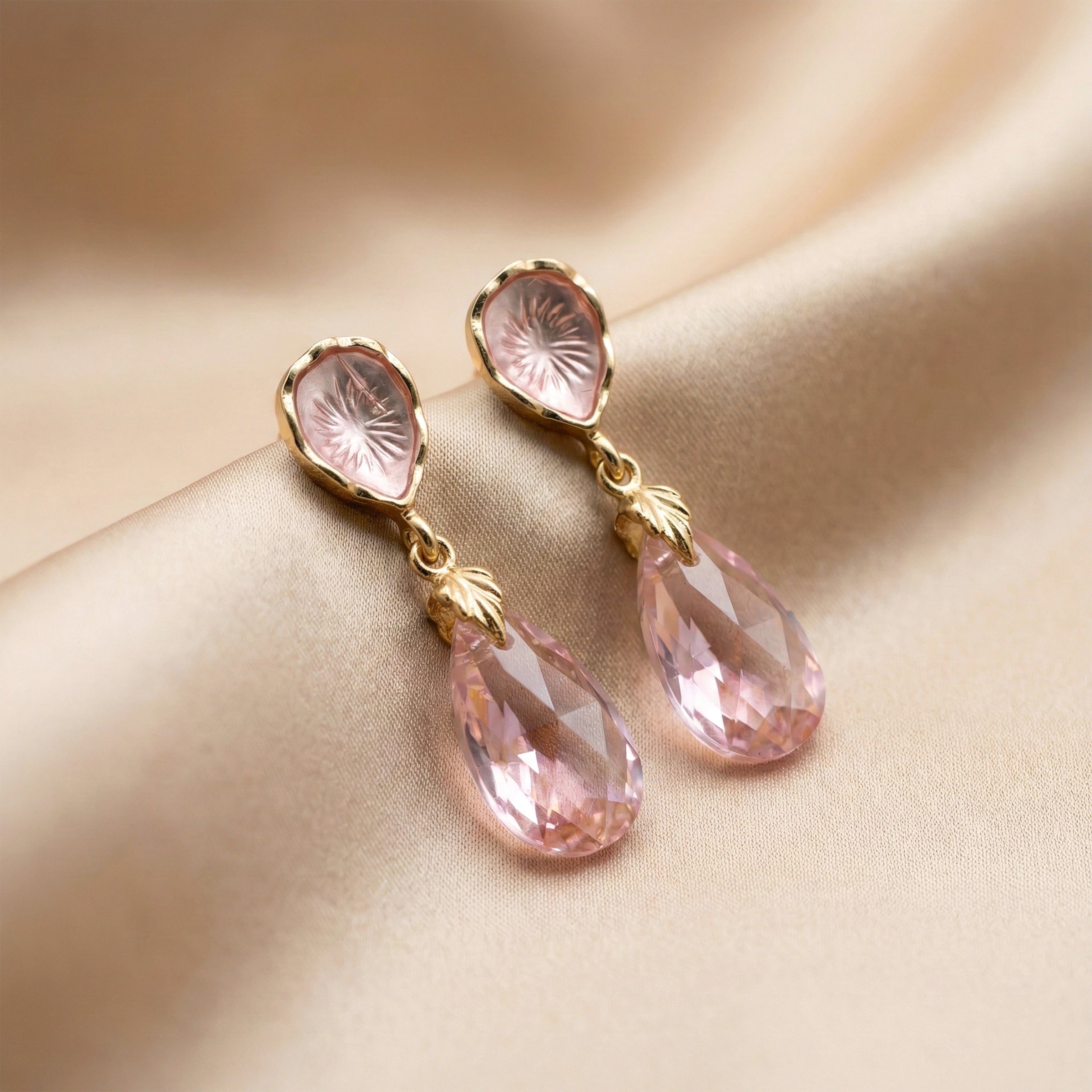 Gold Pink Crystal Drop Stud Earrings for women - Finora Jewels