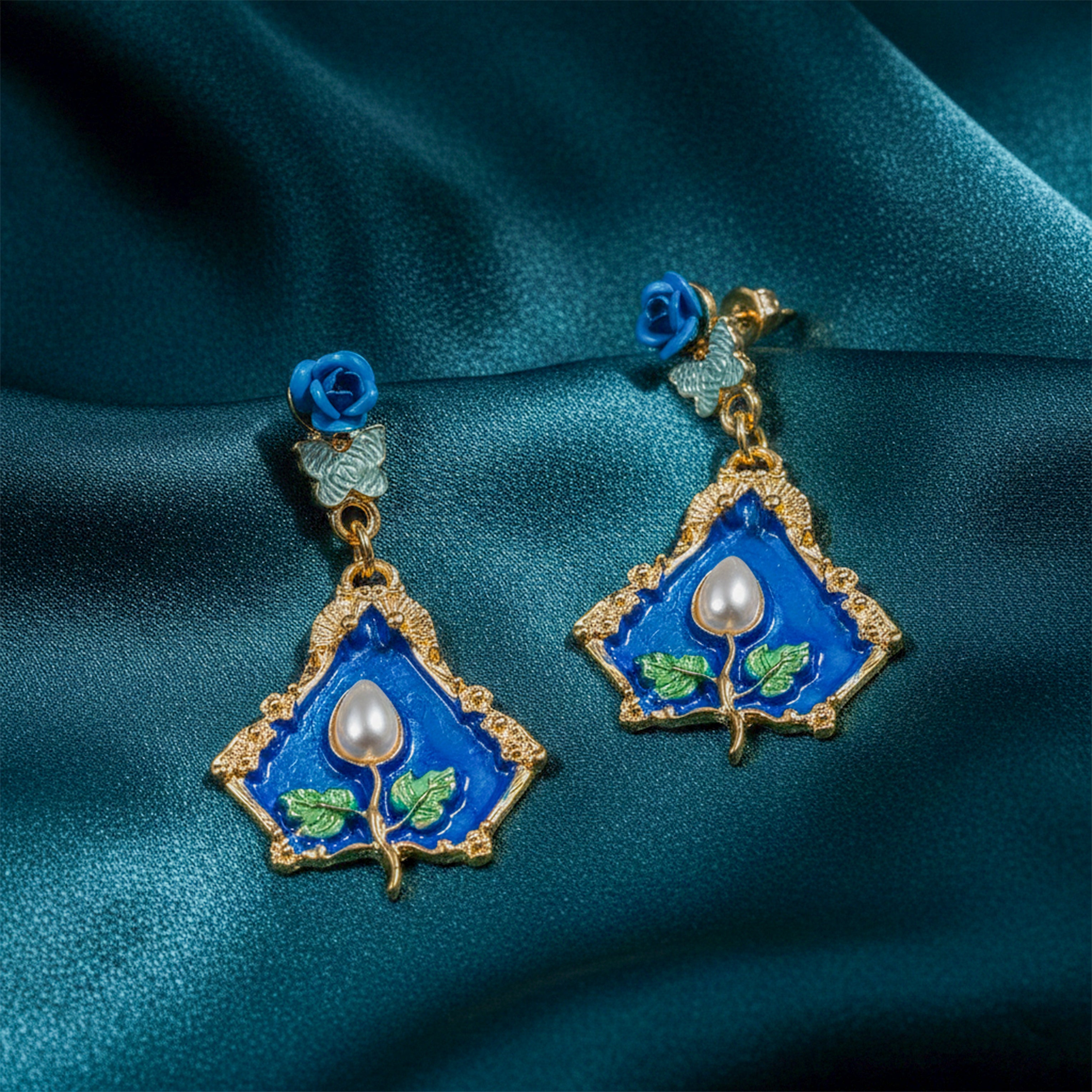 Women Drop Earrings Royal Blue Floral Gold jewellery - Finora Jewels