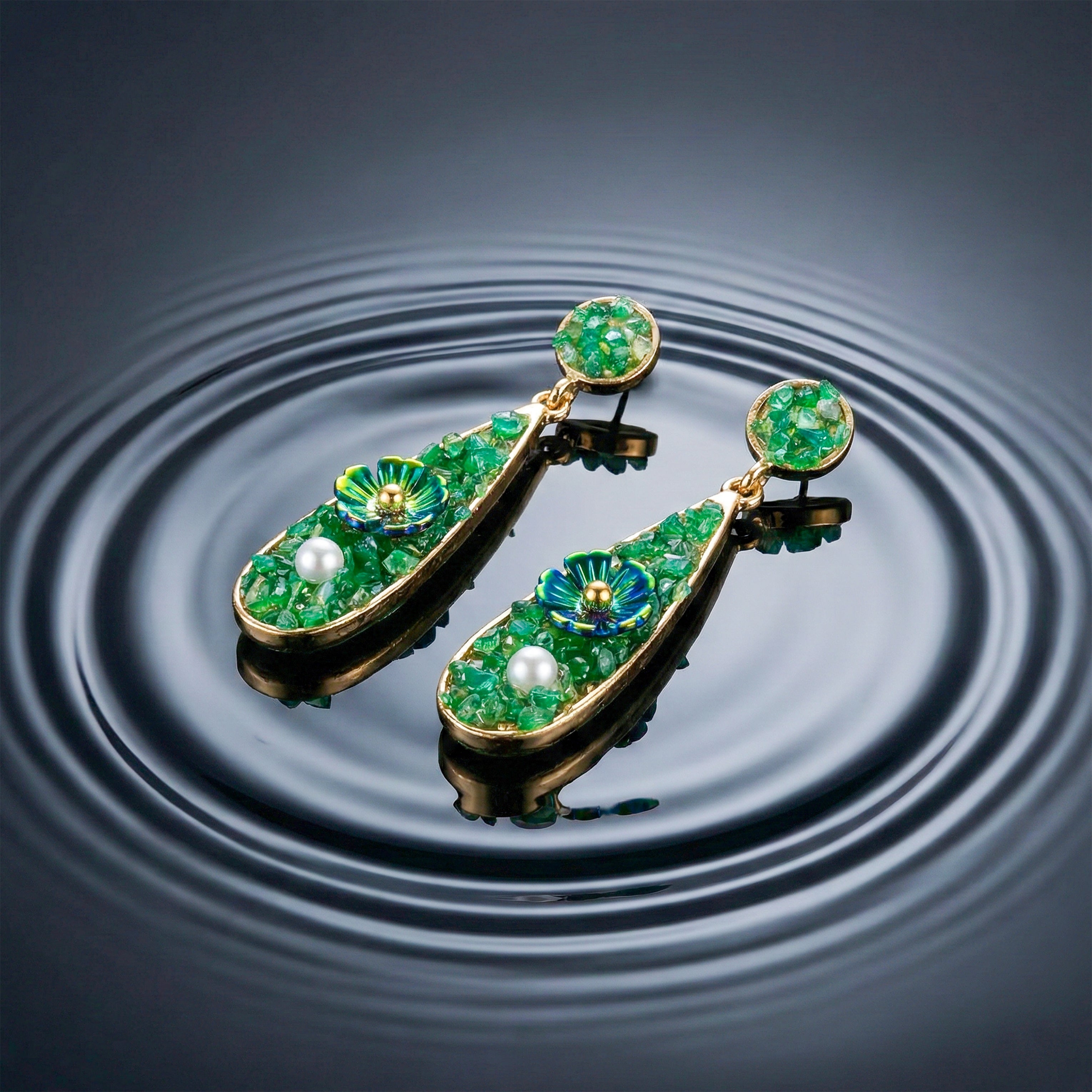 Women Drop Earrings Green Stone Floral Gold jewellery - Finora Jewels