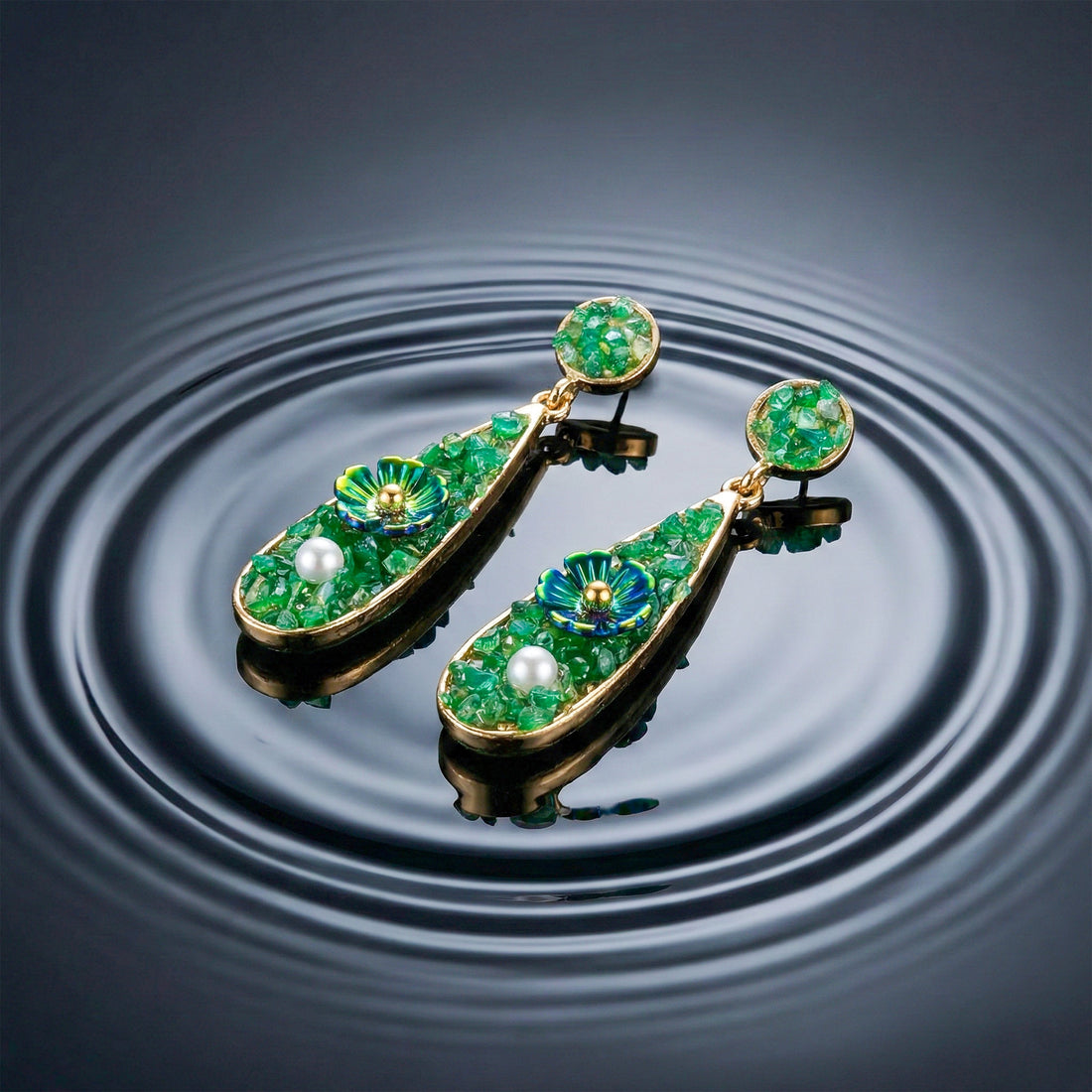 Women Drop Earrings Green Stone Floral Gold jewellery - Finora Jewels