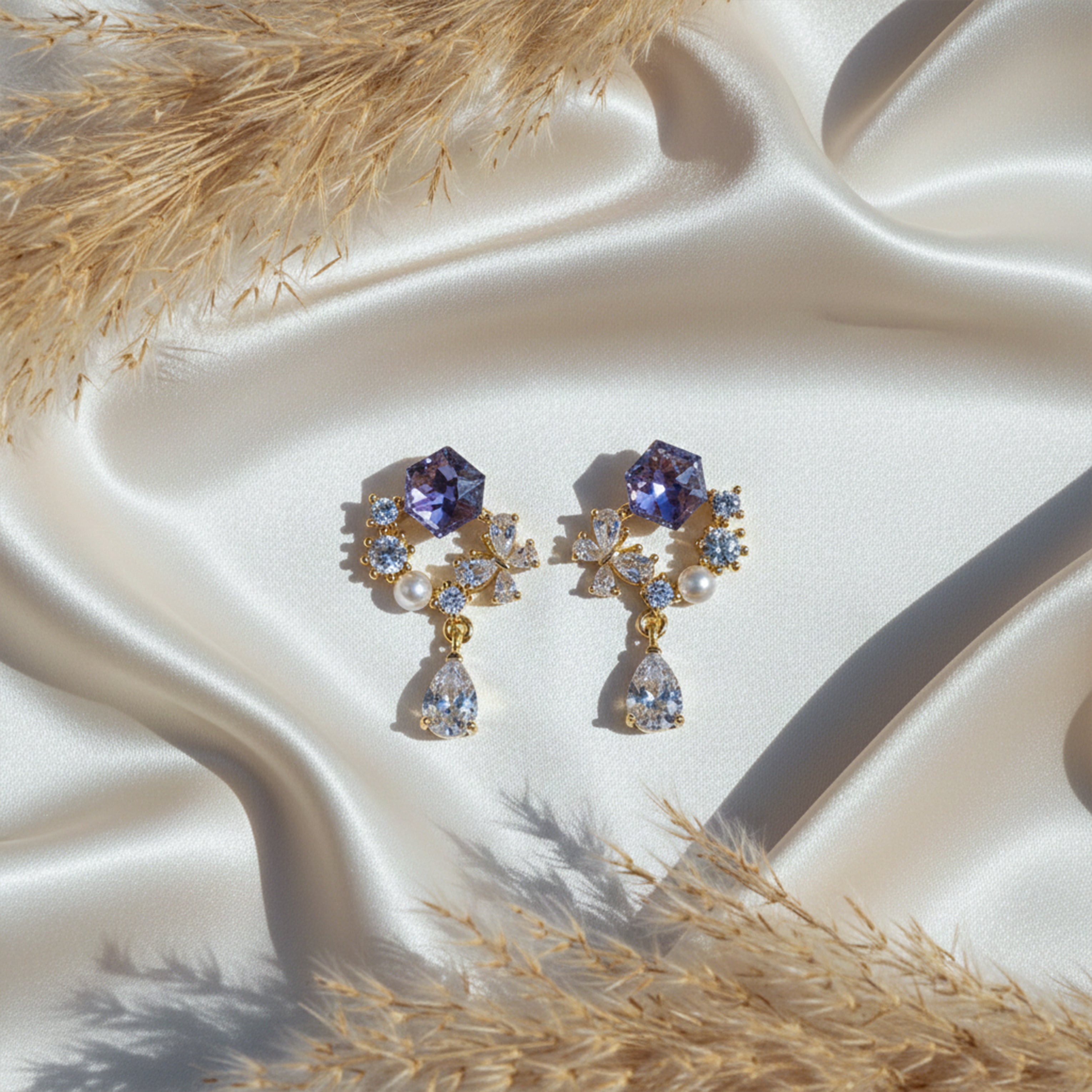 Assorted-Stone Bloom Gold Dangle Ear Studs GWE -168