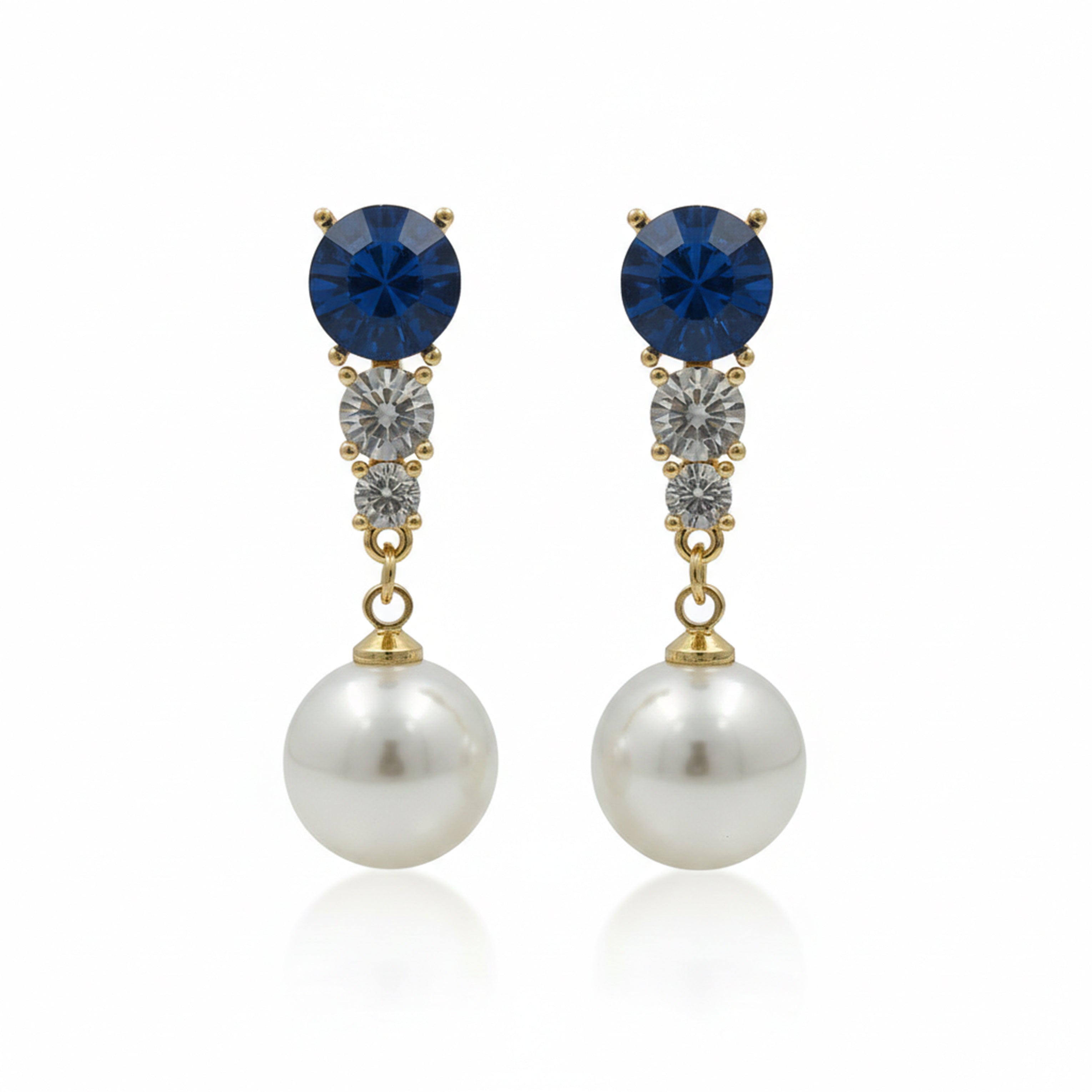 Blue Crystal & Pearl Drop Stud Earrings for women in Gold - Finora Jewels
