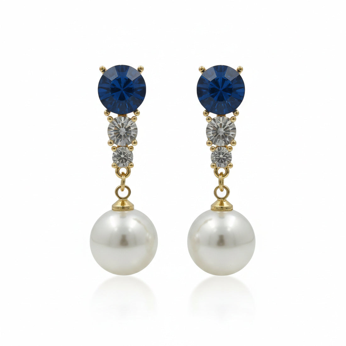 Blue Crystal & Pearl Drop Stud Earrings for women in Gold - Finora Jewels