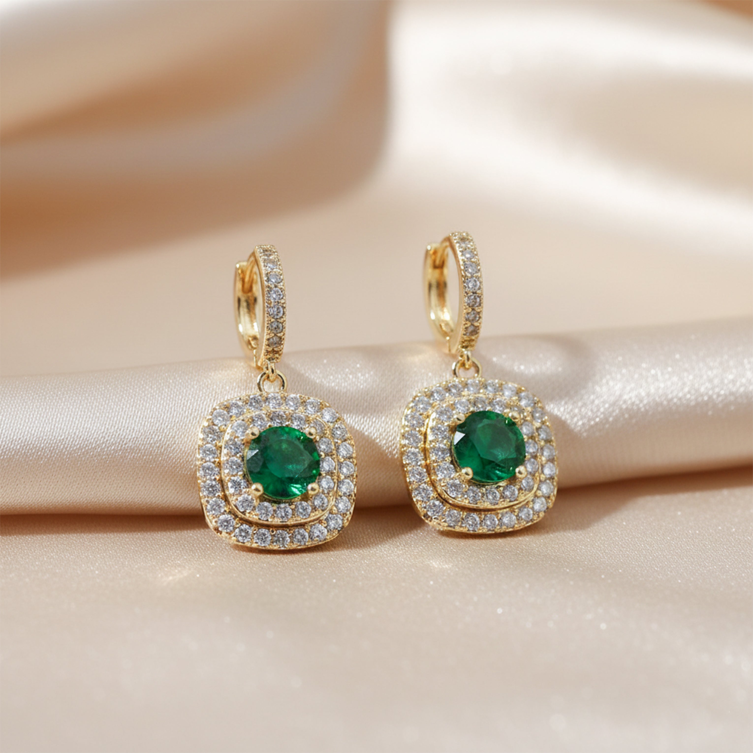 Verde Jade Cubic Zirconia Dangle Ear Studs GWE -134
