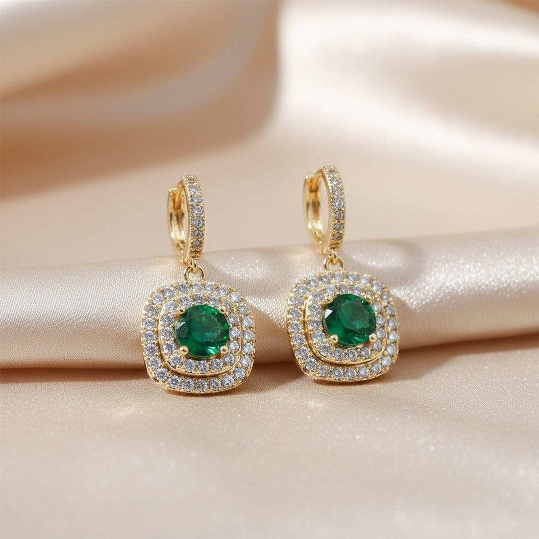 Verde Jade Cubic Zirconia Dangle Ear Studs GWE -134