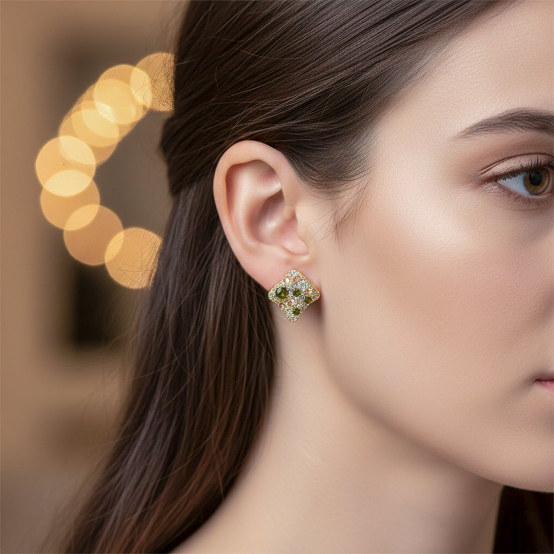 Multicolor Cubic Zirconia Square-Cut-Cut Post Ear Studs GWE -139
