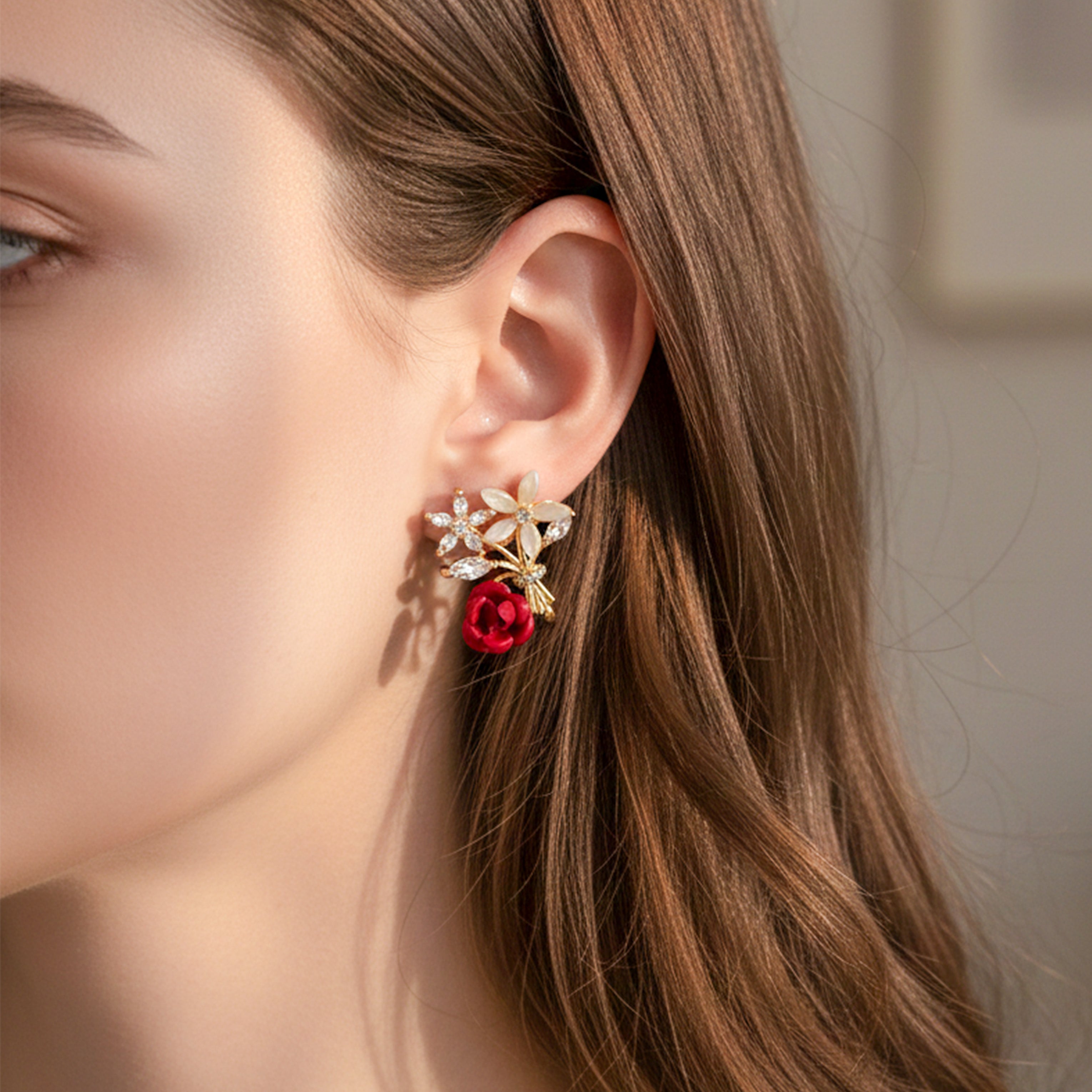 Women Stud Earrings Floral Bouquet Crystal Stud Gold jewellery - Finora Jewels