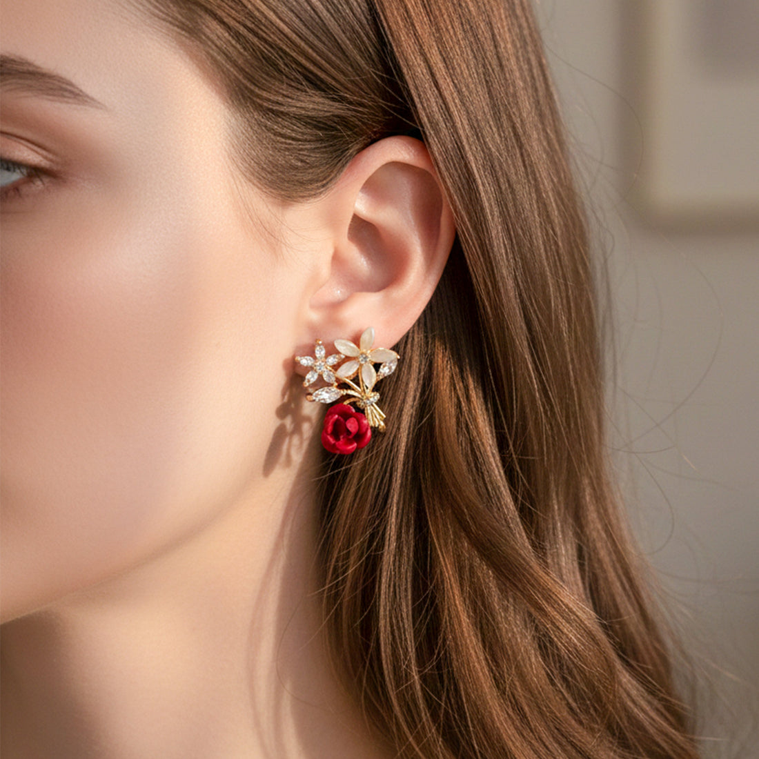 Women Stud Earrings Floral Bouquet Crystal Stud Gold jewellery - Finora Jewels