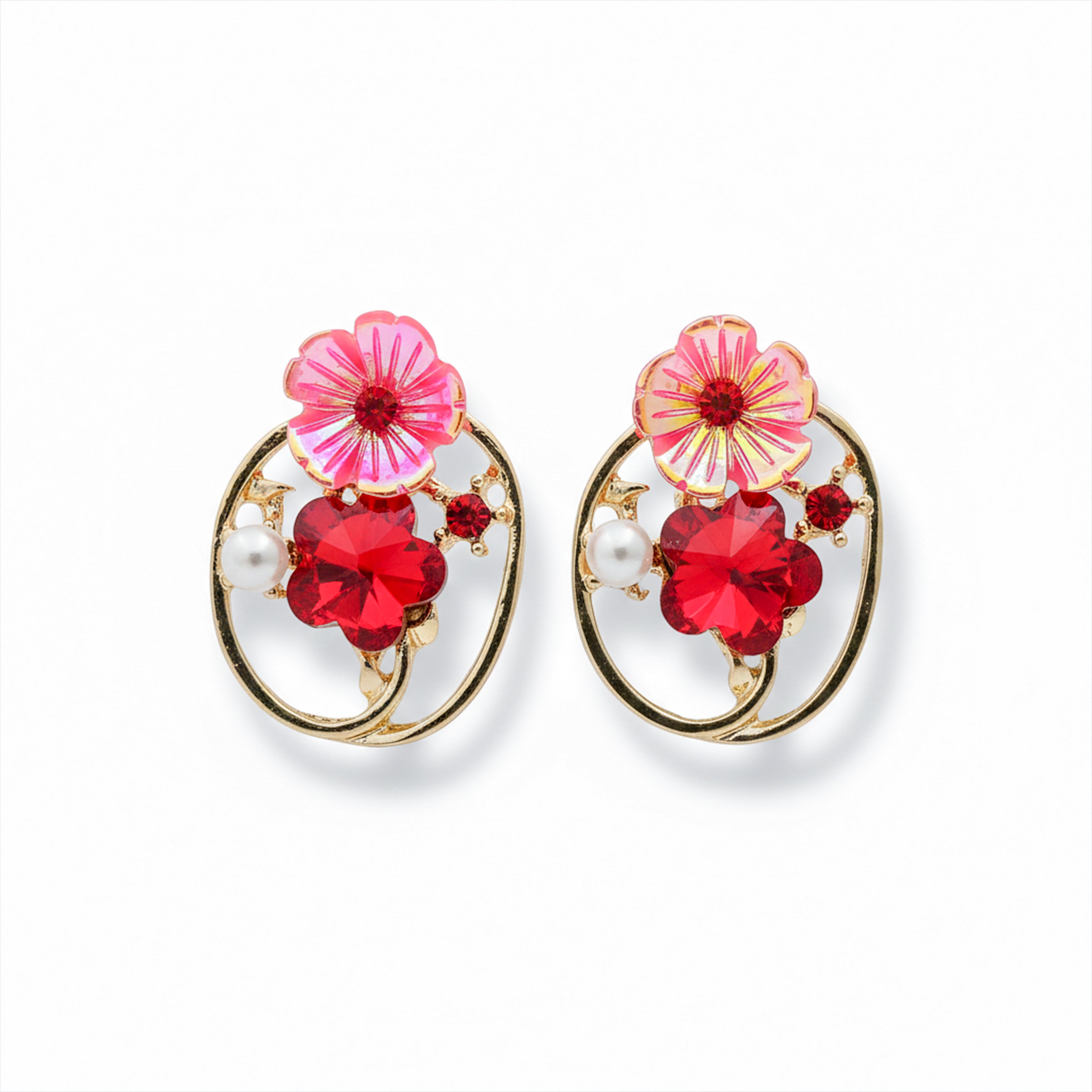 Gold Red Floral Crystal Stud Earrings for women - Finora Jewels