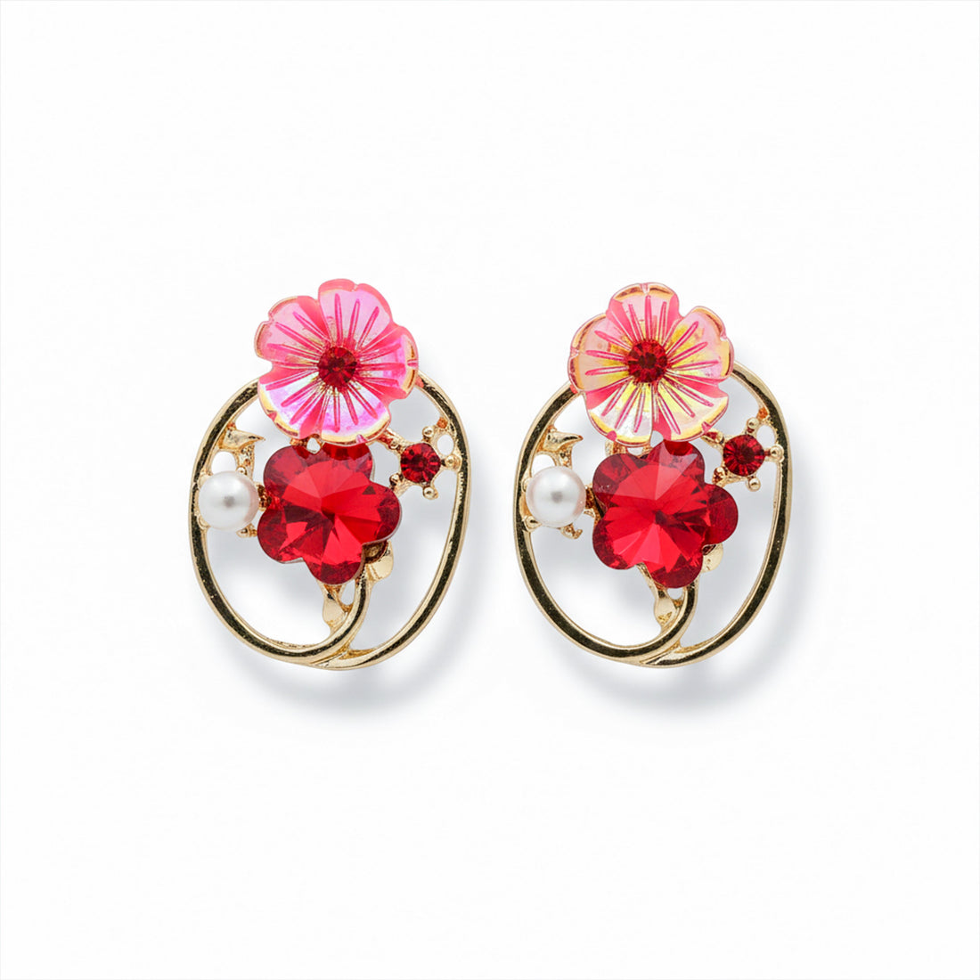 Gold Red Floral Crystal Stud Earrings for women - Finora Jewels