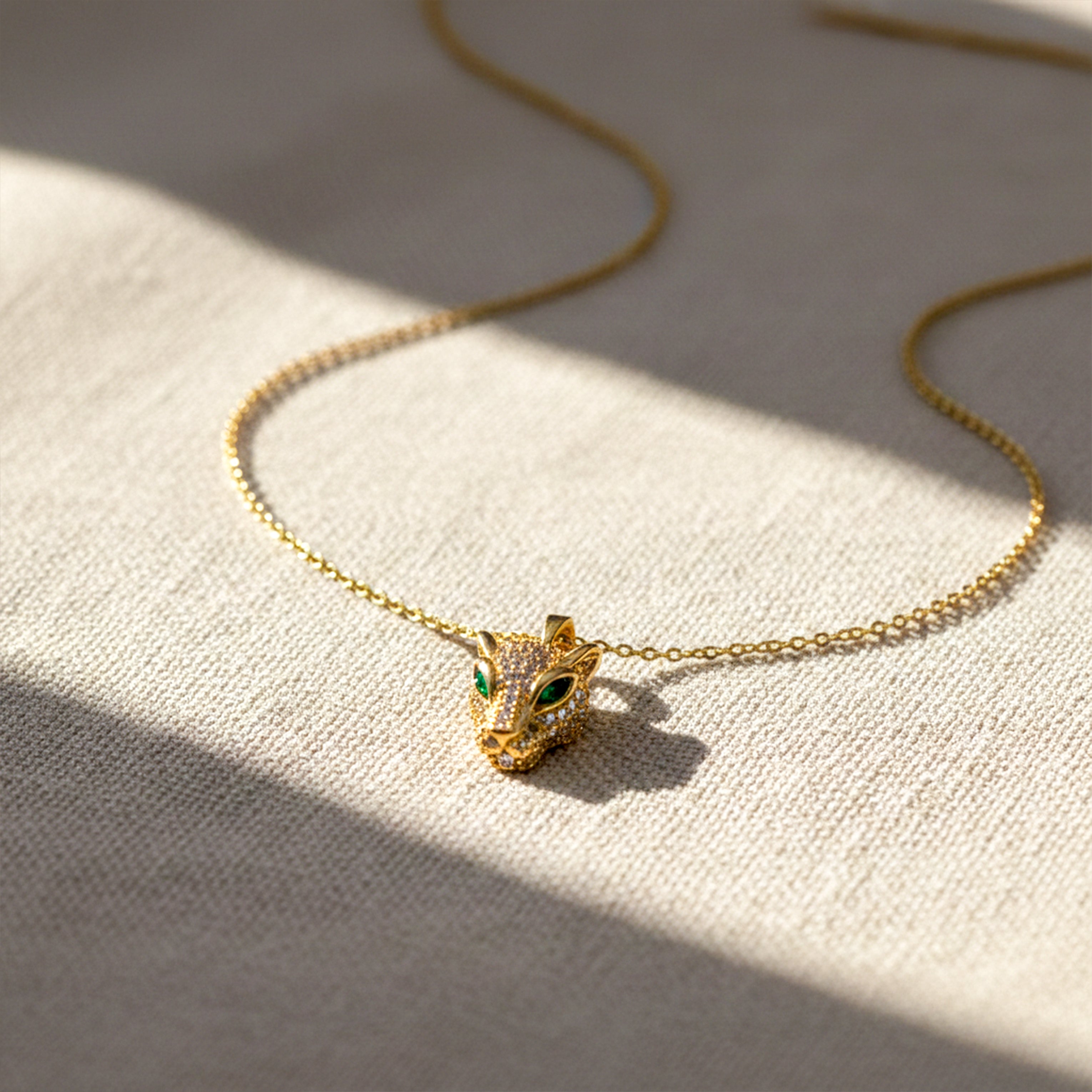 Gold Panther Head with Green Eyes Necklace for women - Finora Jewels