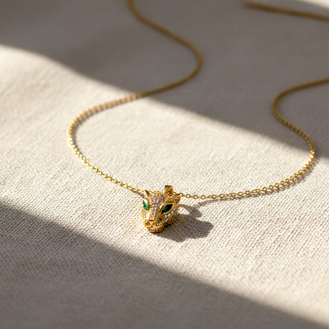 Gold Panther Head with Green Eyes Necklace for women - Finora Jewels