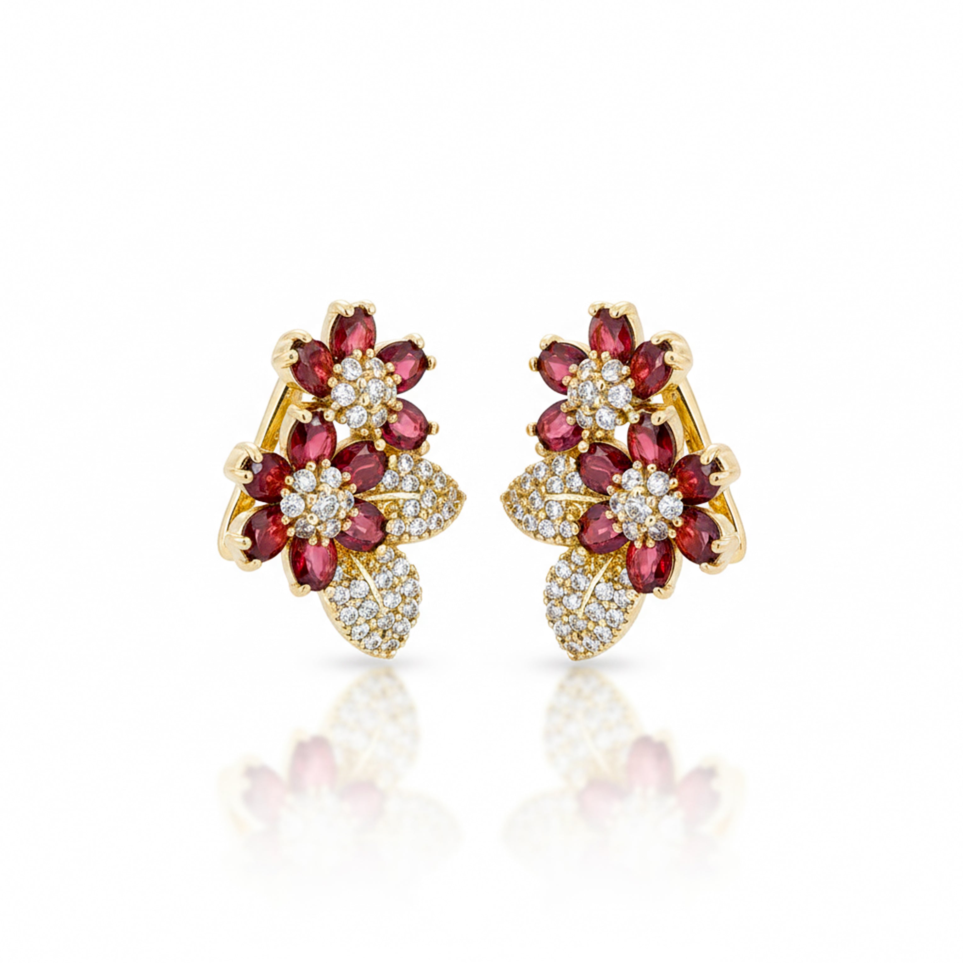 Gold Red Floral Crystal Stud Earrings for women - Finora Jewels