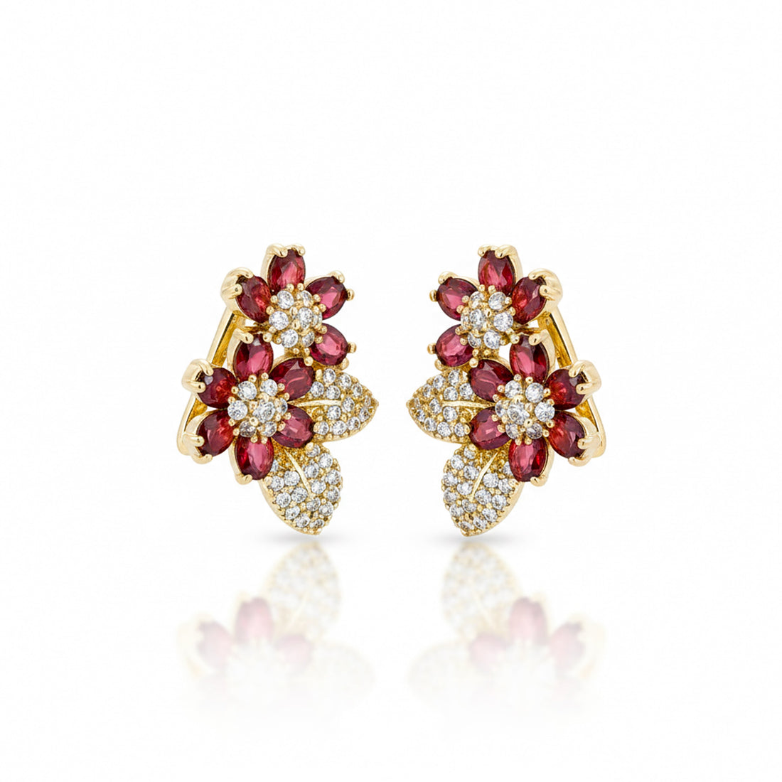 Gold Red Floral Crystal Stud Earrings for women - Finora Jewels