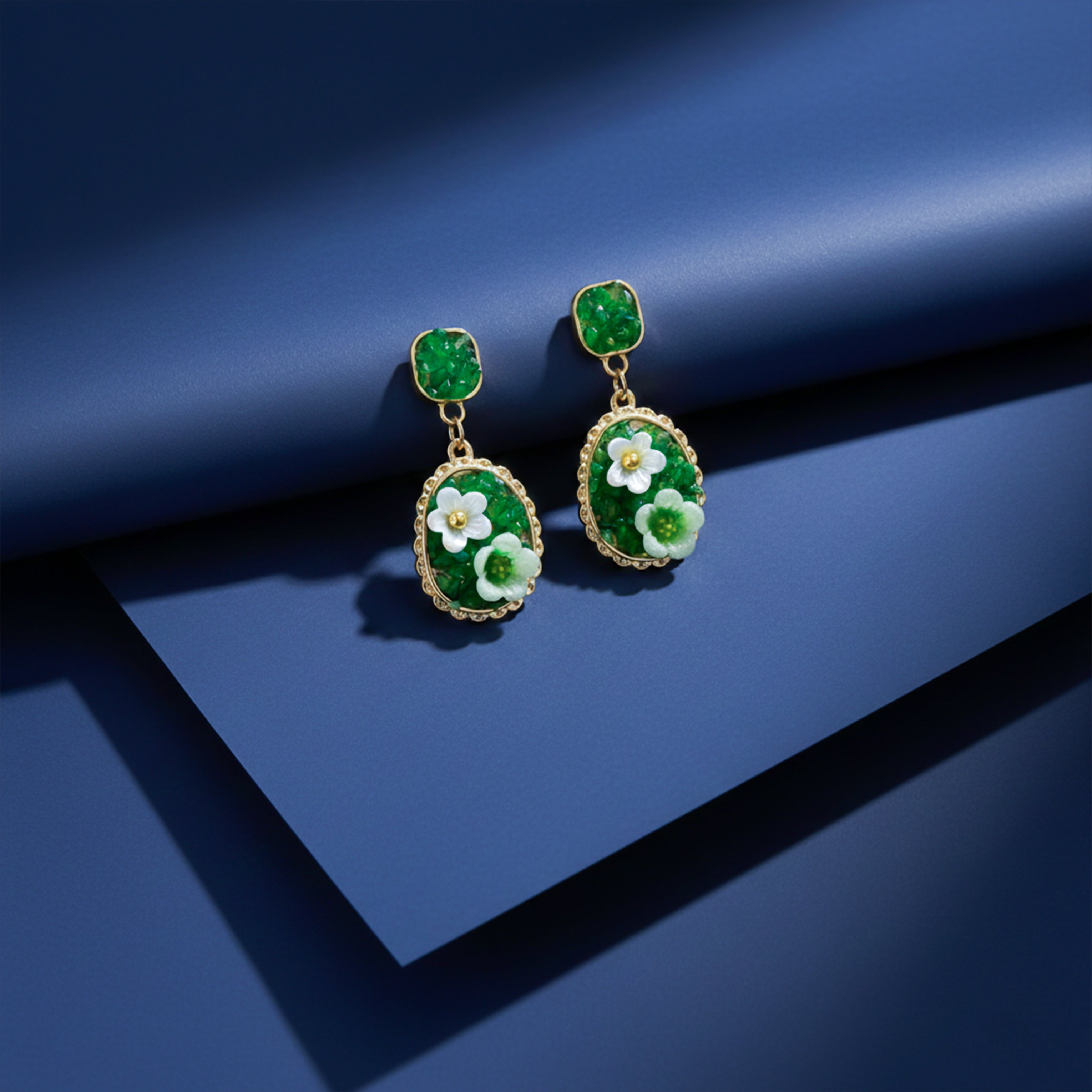 Jade Bloom Elliptical Dangle Ear Studs GWE -205