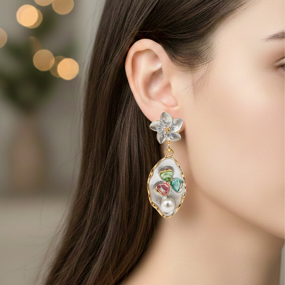 Silver Floral Pearl Stud Earrings for women - Finora Jewels