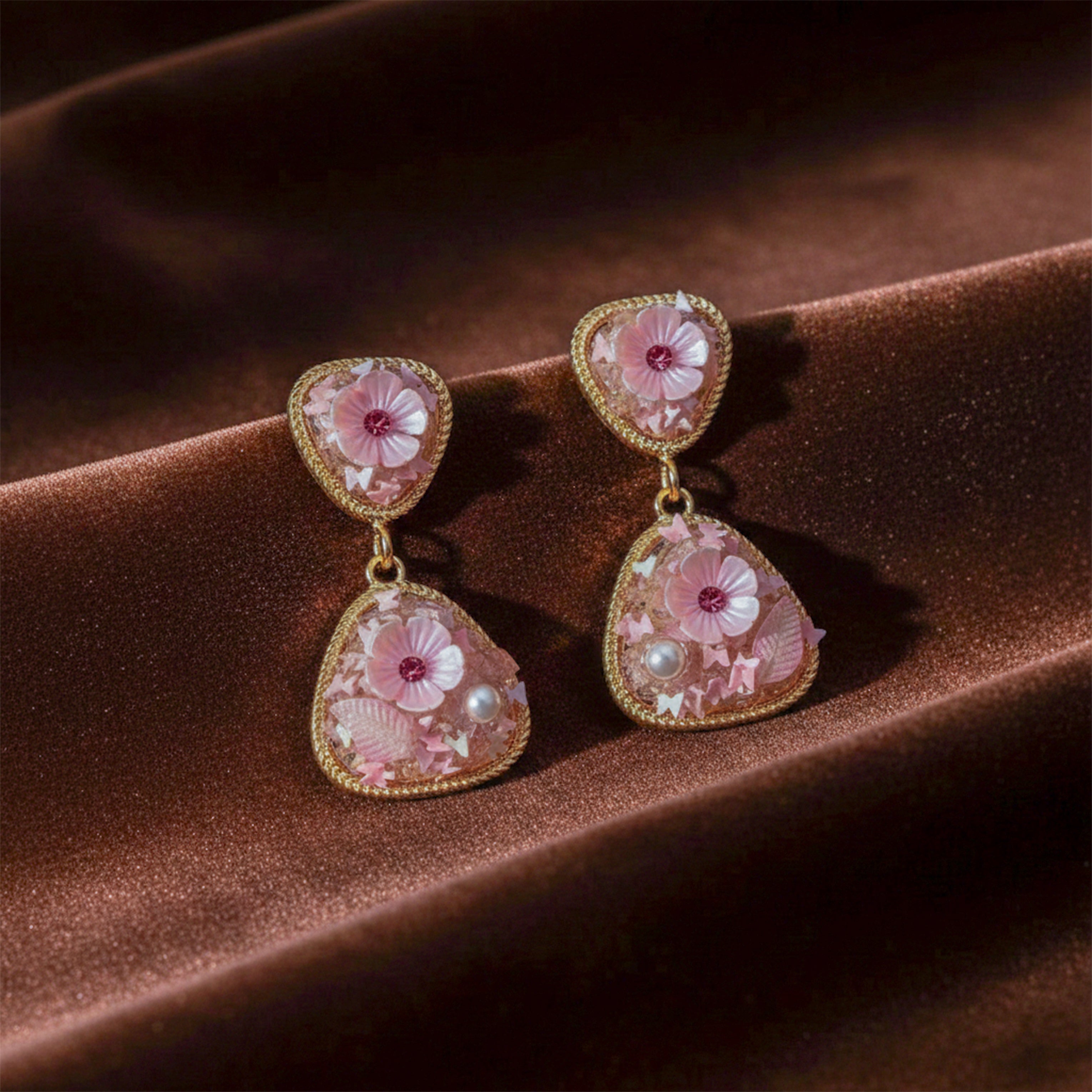 Pink Floral Stone Stud Earrings for women in Gold - Finora Jewels