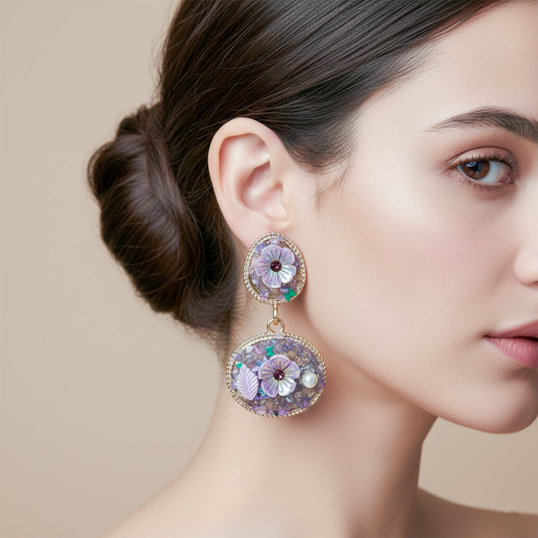 Women Stud Earrings Lavender Floral Stone Drop Gold jewellery - Finora Jewels