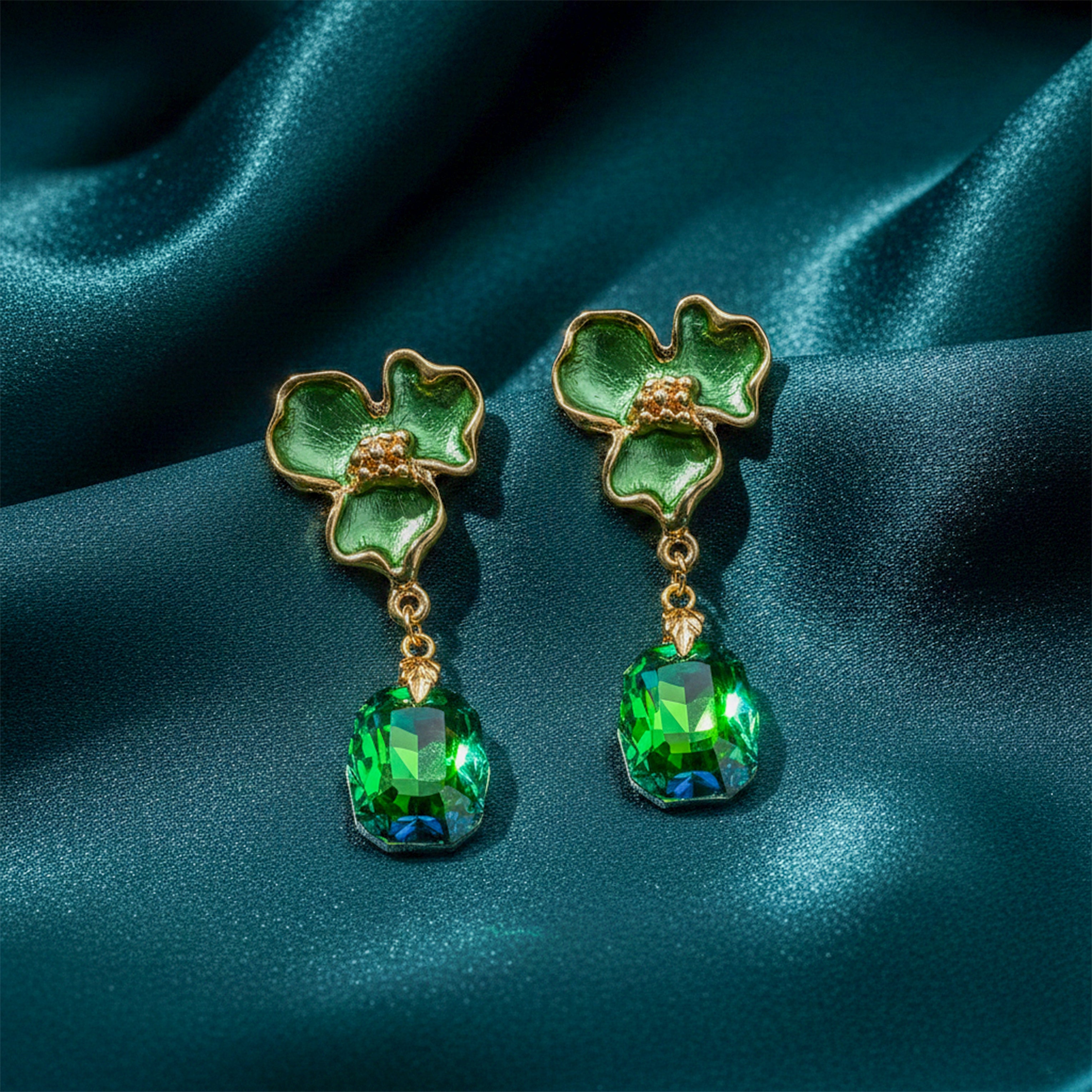 Gold Green Enamel Floral Drop Drop Earrings for women - Finora Jewels