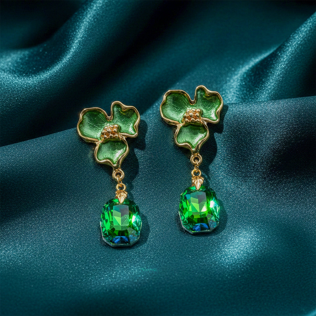 Gold Green Enamel Floral Drop Drop Earrings for women - Finora Jewels