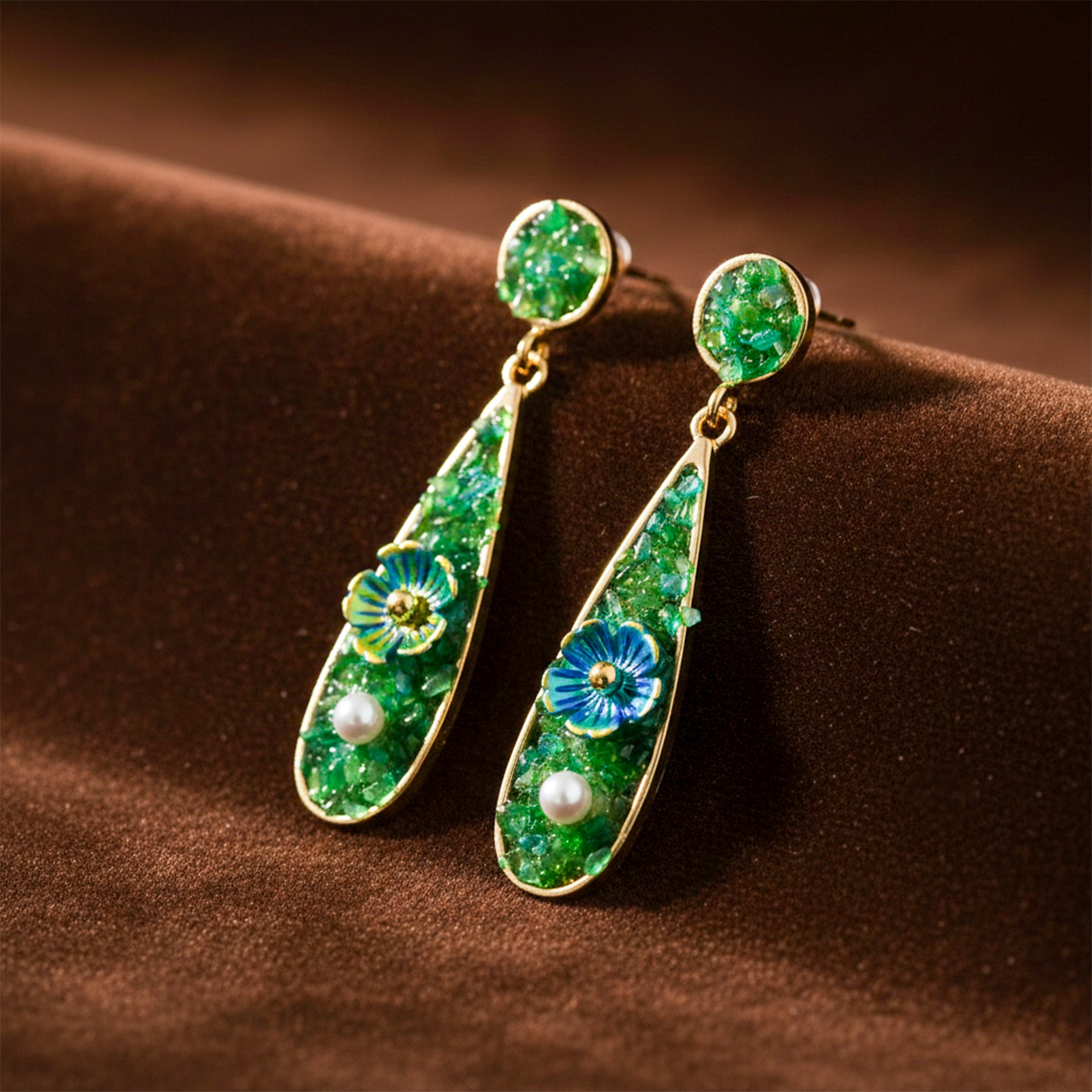 Women Drop Earrings Green Stone Floral Gold jewellery - Finora Jewels