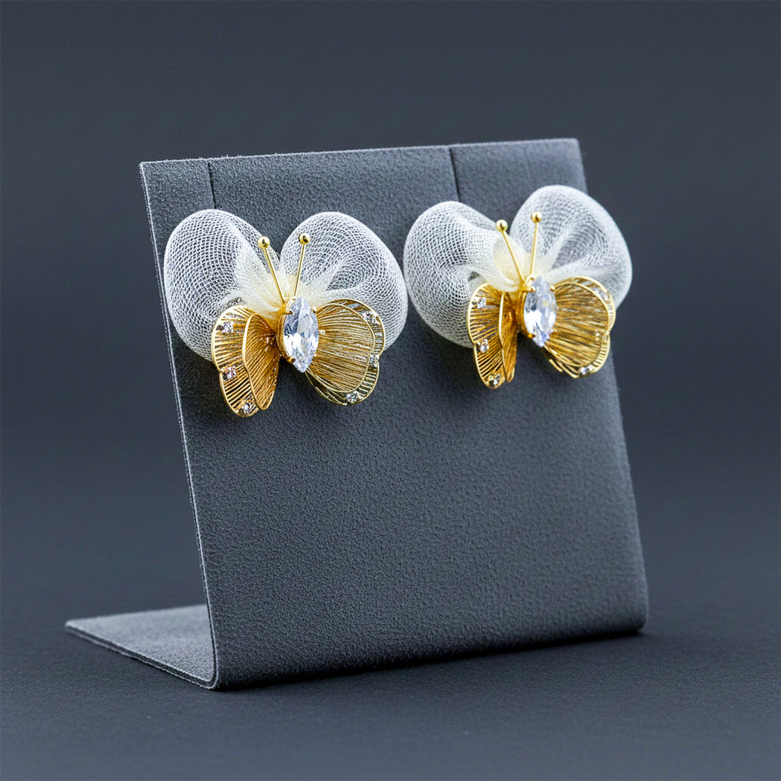 Butterfly Mesh Stud with Crystal Accent Stud Earrings for women in Gold - Finora Jewels