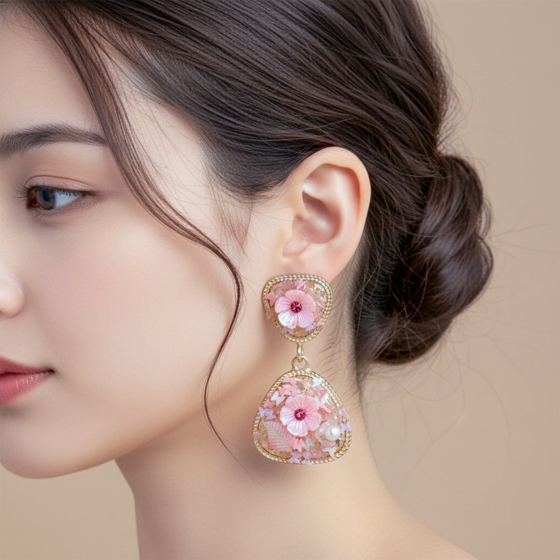 Pink Floral Stone Stud Earrings for women in Gold - Finora Jewels