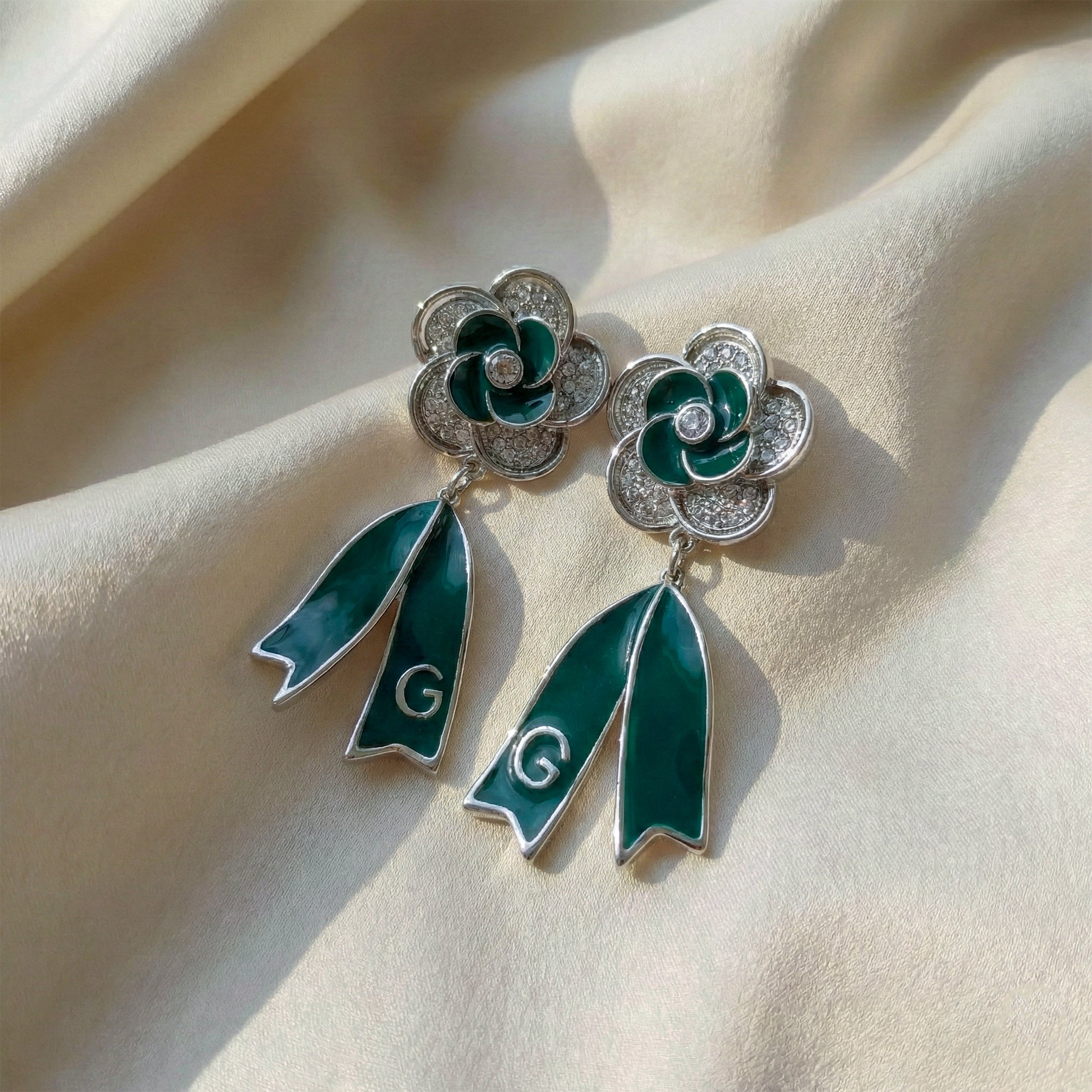 Silver Emerald Bloom Drop Stud Earrings for women - Finora Jewels