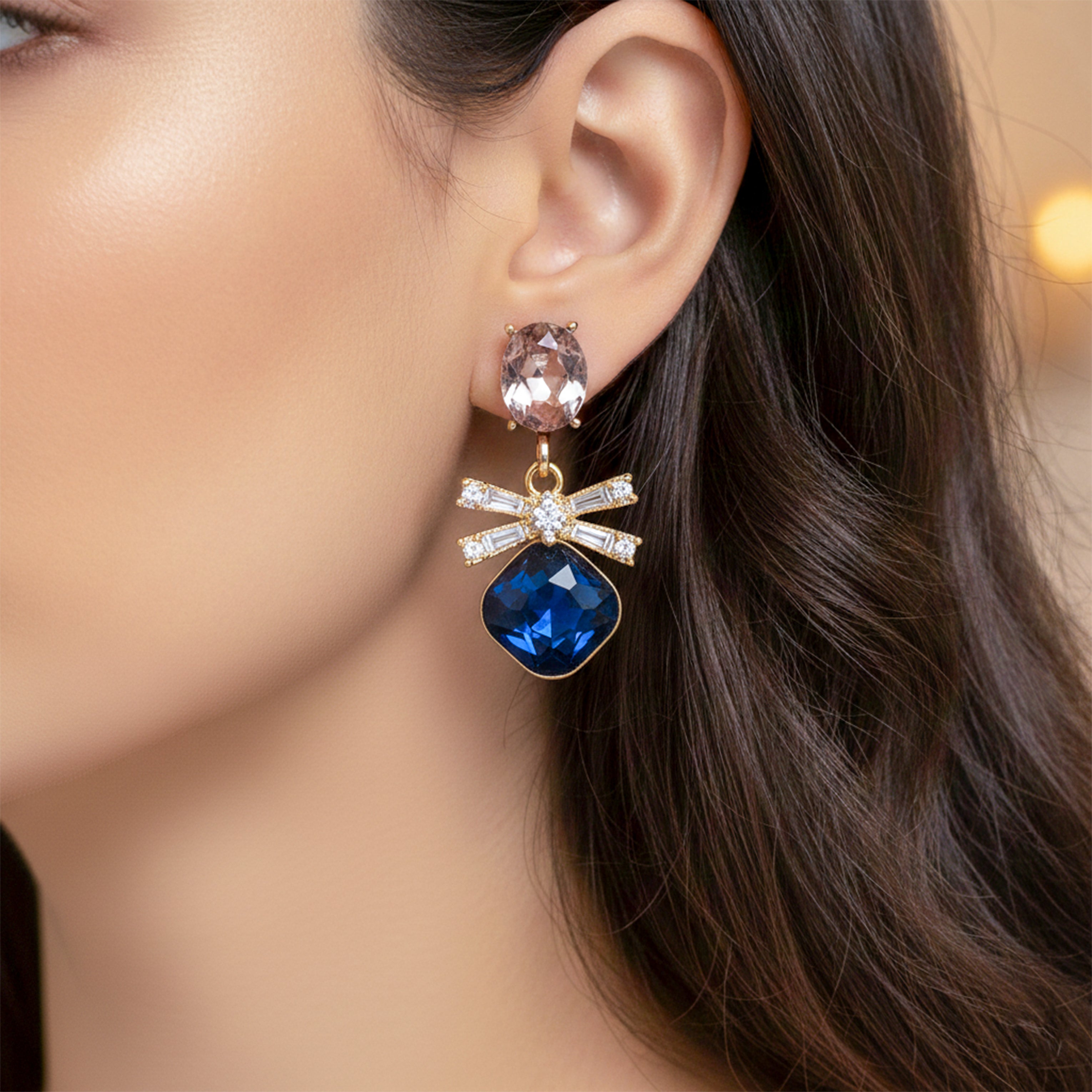 Gold Royal Blue Crystal Bow Stud Stud Earrings for women - Finora Jewels