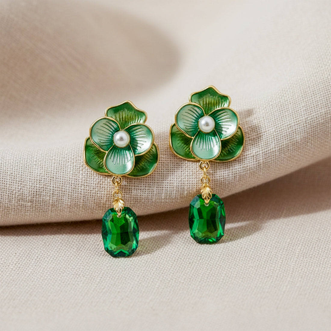 Women Drop Earrings Green Floral GWE -231 No Reviews Gold jewellery - Finora Jewels