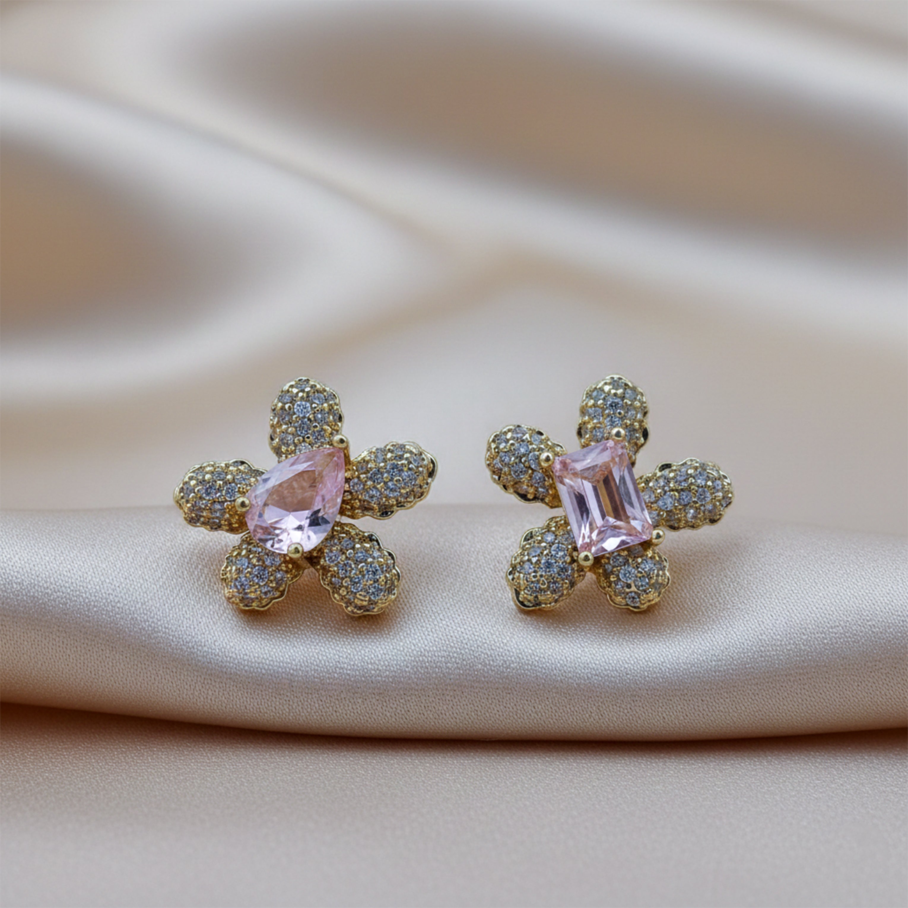 Floral Pink Crystal Stud Stud Earrings for women in Gold - Finora Jewels